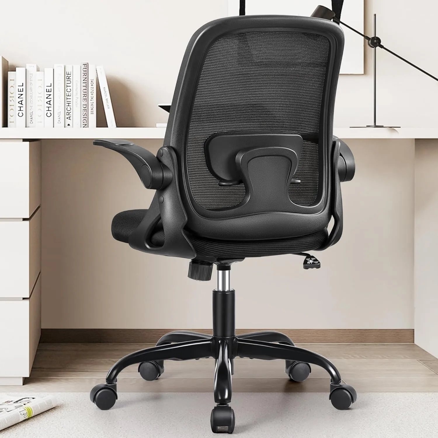 Office Chair Ergonomic Desk Chairs with Lumbar Support and Flip-up Arms, Comfortable Breathable Mesh Computer Executive Chair with Swivel Task, Adjustable Height 4'', Home - Black