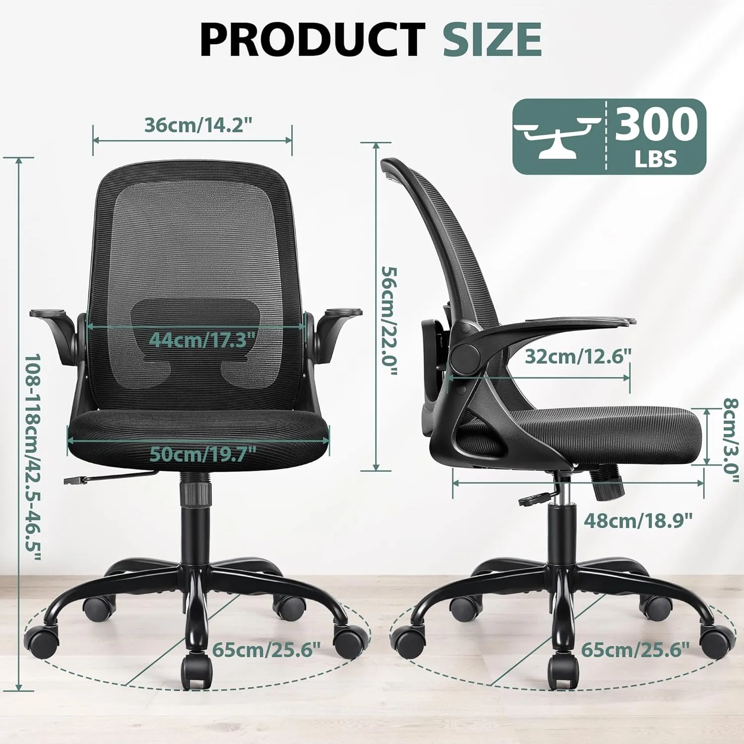 Office Chair Ergonomic Desk Chairs with Lumbar Support and Flip-up Arms, Comfortable Breathable Mesh Computer Executive Chair with Swivel Task, Adjustable Height 4'', Home - Black