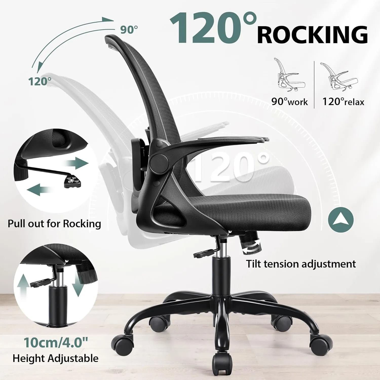 Office Chair Ergonomic Desk Chairs with Lumbar Support and Flip-up Arms, Comfortable Breathable Mesh Computer Executive Chair with Swivel Task, Adjustable Height 4'', Home - Black