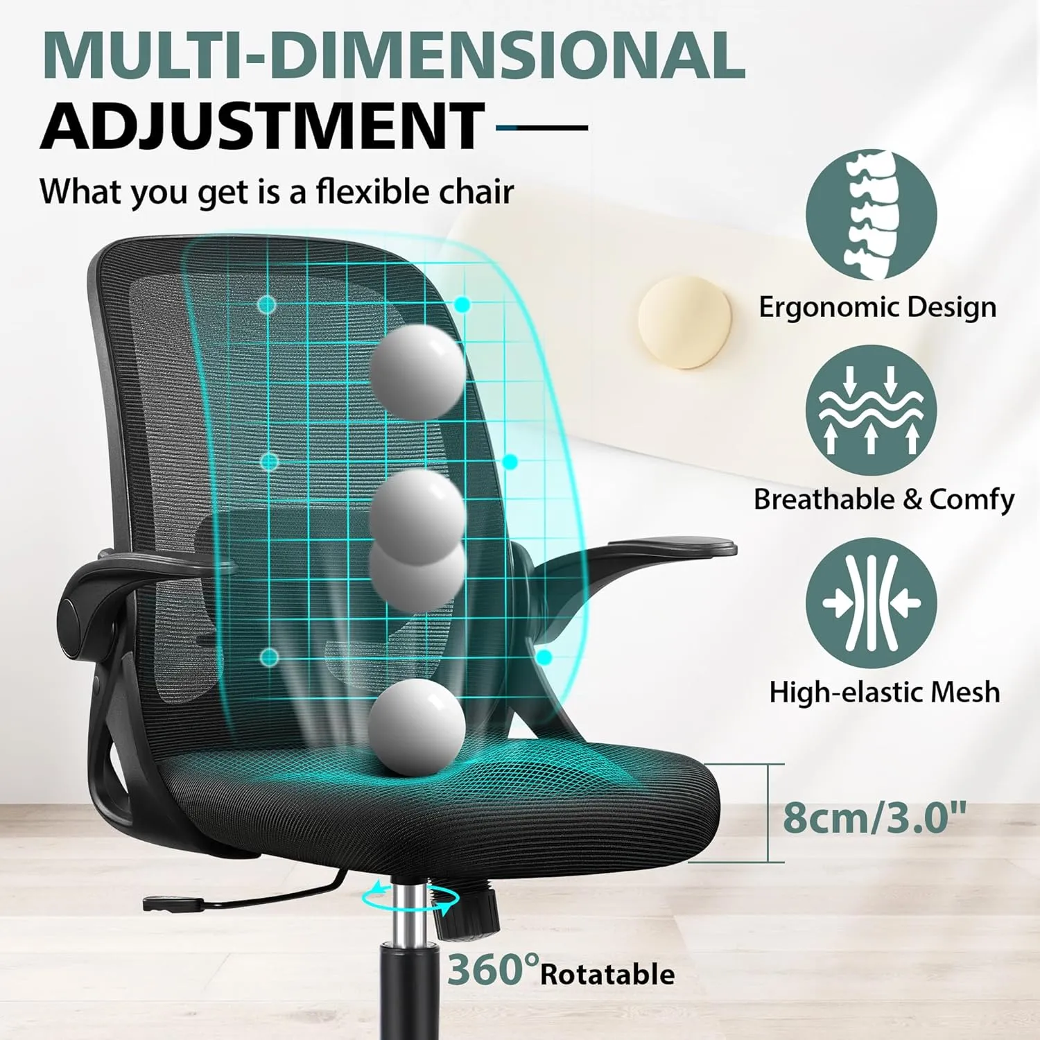 Office Chair Ergonomic Desk Chairs with Lumbar Support and Flip-up Arms, Comfortable Breathable Mesh Computer Executive Chair with Swivel Task, Adjustable Height 4'', Home - Black