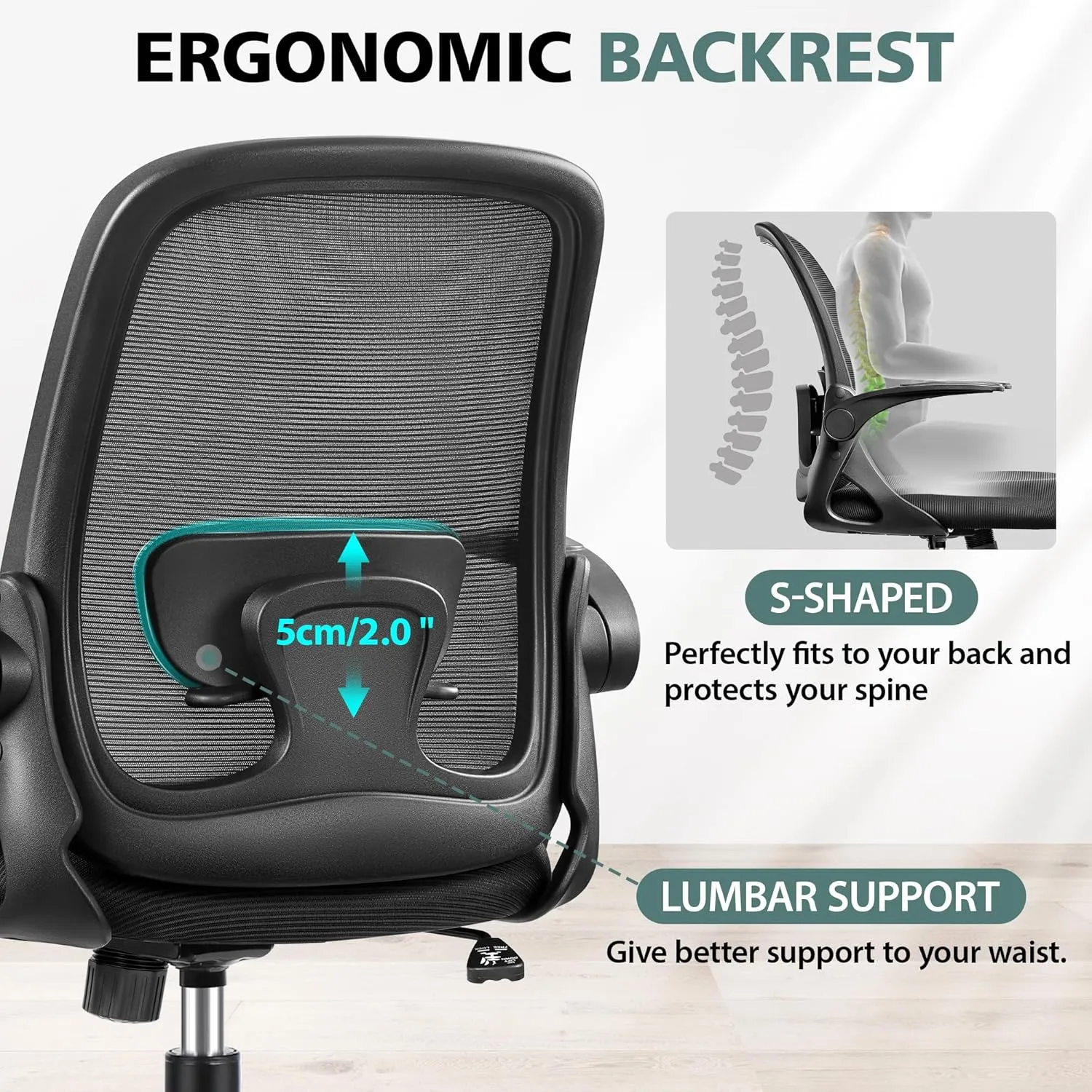 Office Chair Ergonomic Desk Chairs with Lumbar Support and Flip-up Arms, Comfortable Breathable Mesh Computer Executive Chair with Swivel Task, Adjustable Height 4'', Home - Black