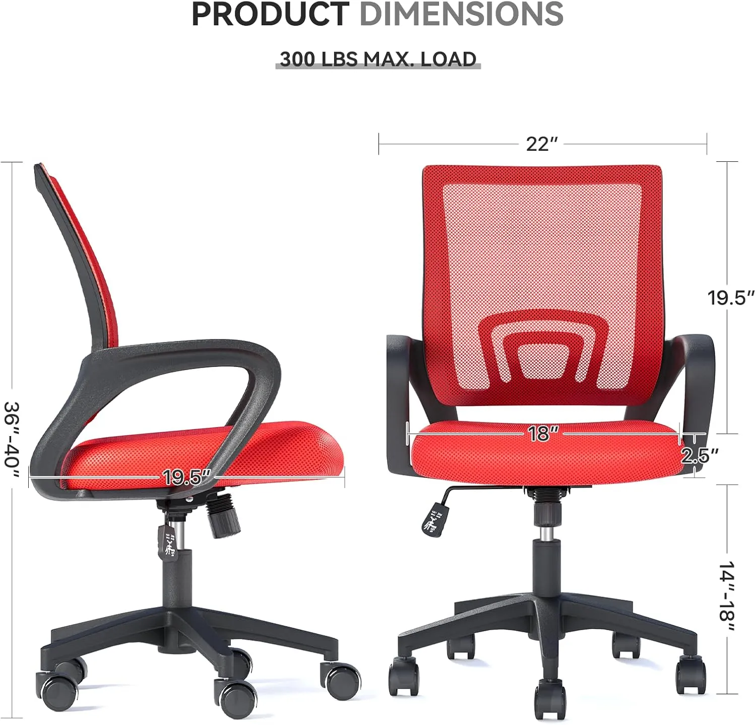 Office Chair, Ergonomic Mid-Back Mesh Desk Chair with Lumbar Support, Adjustable Height Computer Chair with Rolling Wheels Design,Comfy Armrest for Work, Study, Gaming, Red
