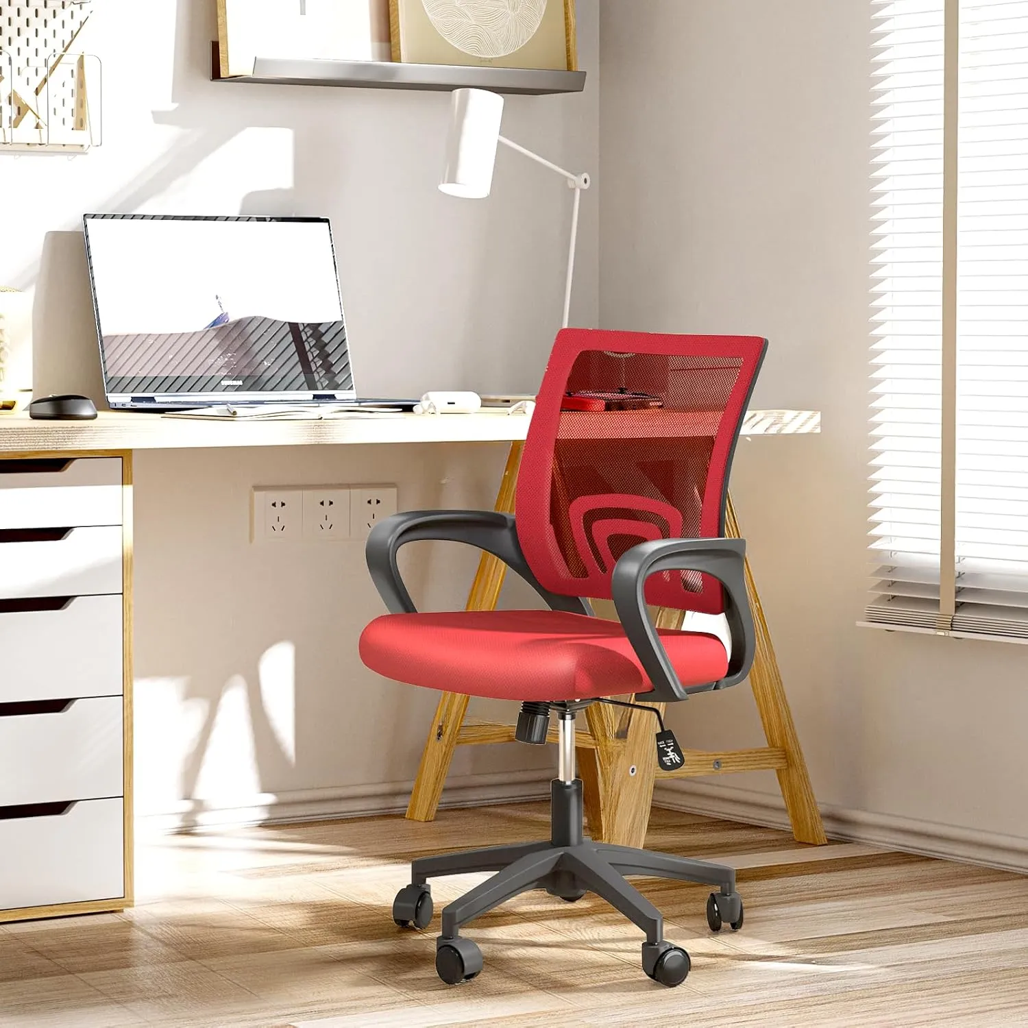 Office Chair, Ergonomic Mid-Back Mesh Desk Chair with Lumbar Support, Adjustable Height Computer Chair with Rolling Wheels Design,Comfy Armrest for Work, Study, Gaming, Red