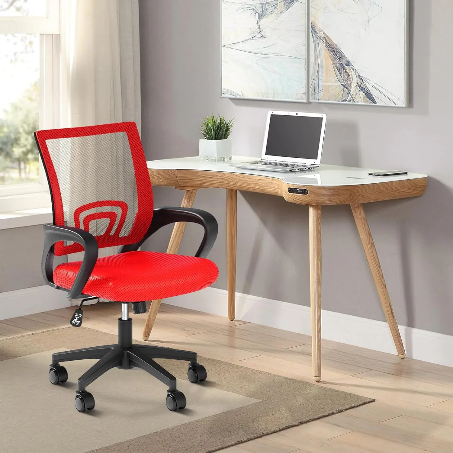 Office Chair, Ergonomic Mid-Back Mesh Desk Chair with Lumbar Support, Adjustable Height Computer Chair with Rolling Wheels Design,Comfy Armrest for Work, Study, Gaming, Red