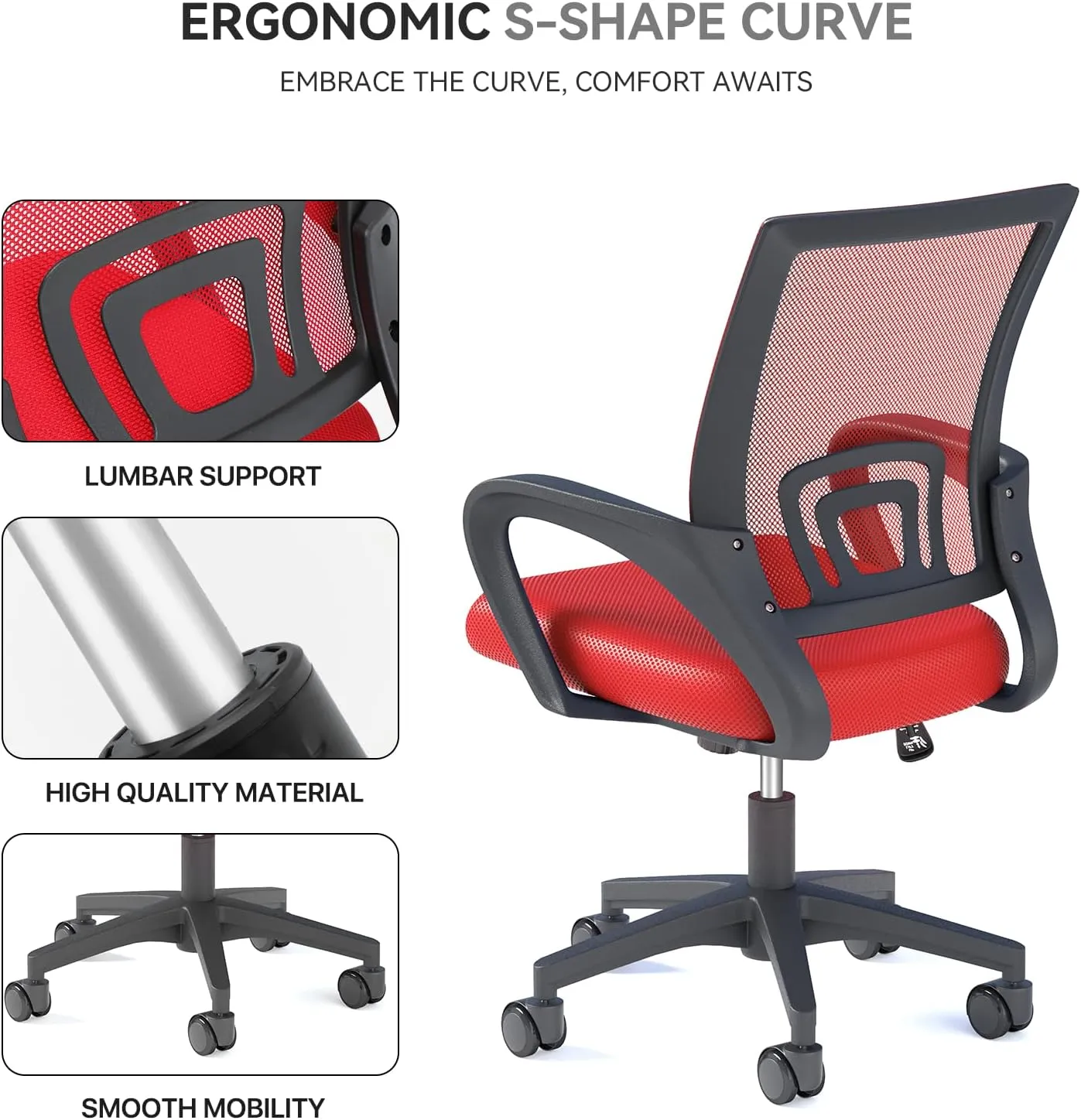 Office Chair, Ergonomic Mid-Back Mesh Desk Chair with Lumbar Support, Adjustable Height Computer Chair with Rolling Wheels Design,Comfy Armrest for Work, Study, Gaming, Red