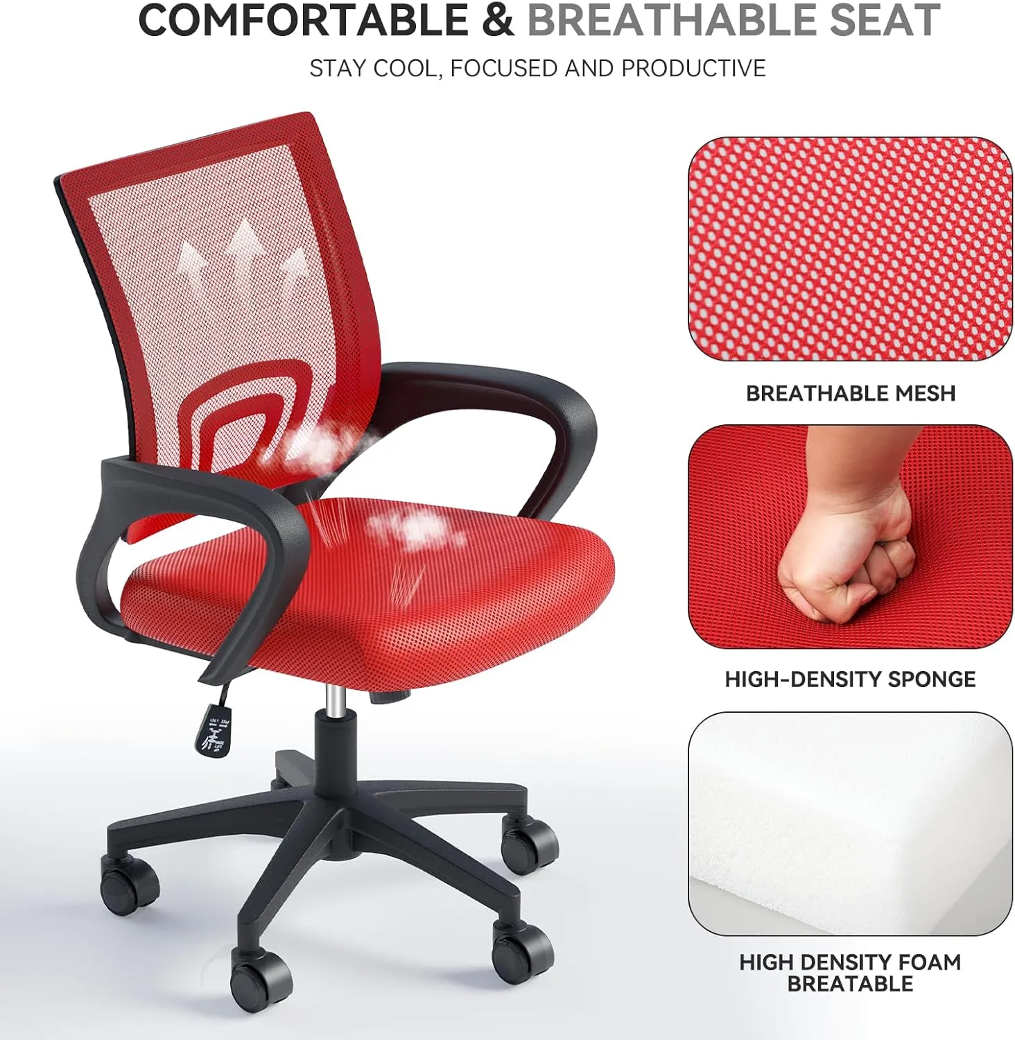 Office Chair, Ergonomic Mid-Back Mesh Desk Chair with Lumbar Support, Adjustable Height Computer Chair with Rolling Wheels Design,Comfy Armrest for Work, Study, Gaming, Red