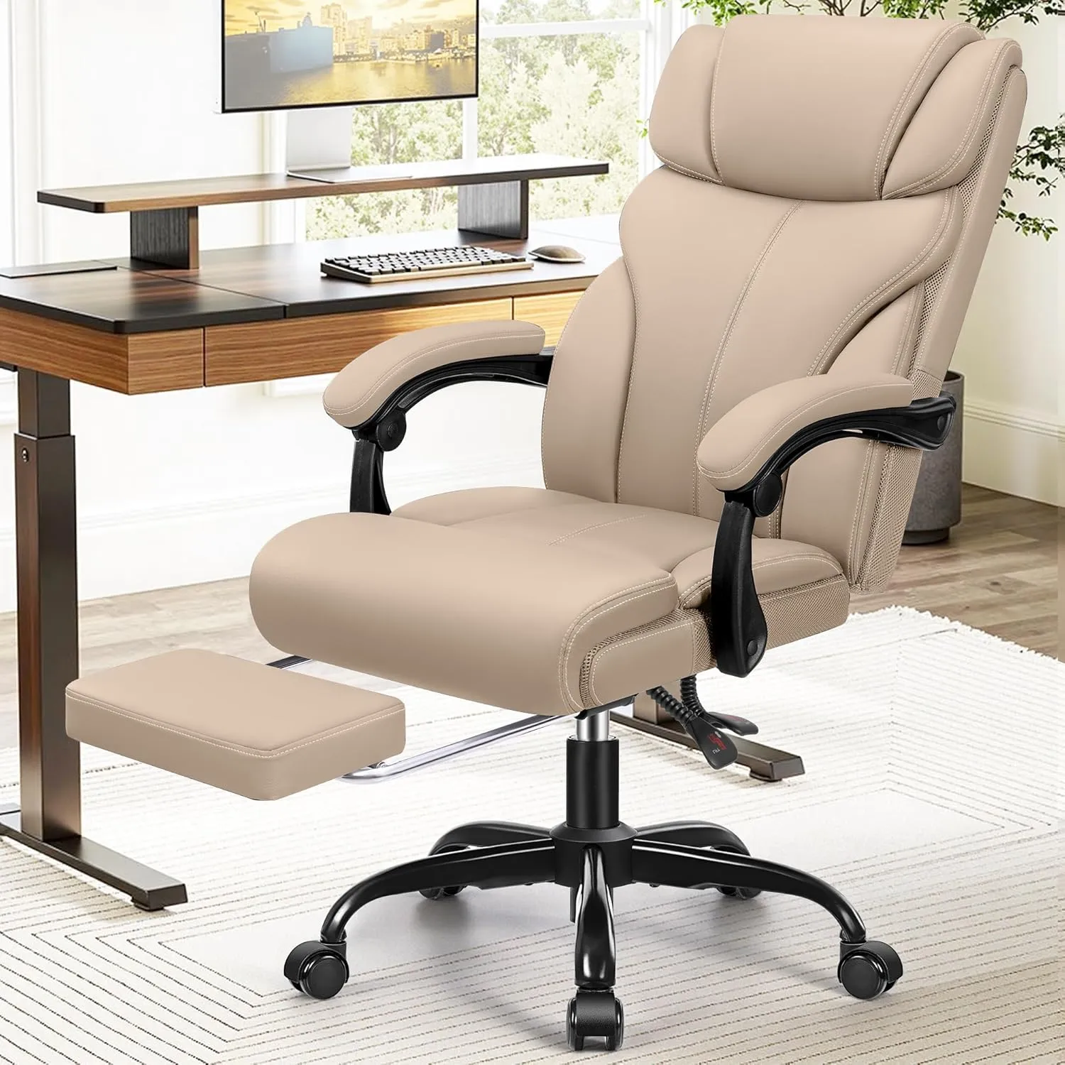 Office Chair, Executive Leather Chair Big and Tall Ergonomic Computer Desk Chairs, Comfy Swivel Rolling Reclining Lumbar Support Task Chair with Adjustable High Back Foot Rest for Home Gaming