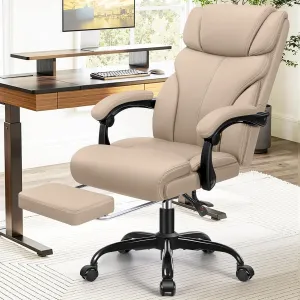 Office Chair, Executive Leather Chair Big and Tall Ergonomic Computer Desk Chairs, Comfy Swivel Rolling Reclining Lumbar Support Task Chair with Adjustable High Back Foot Rest for Home Gaming