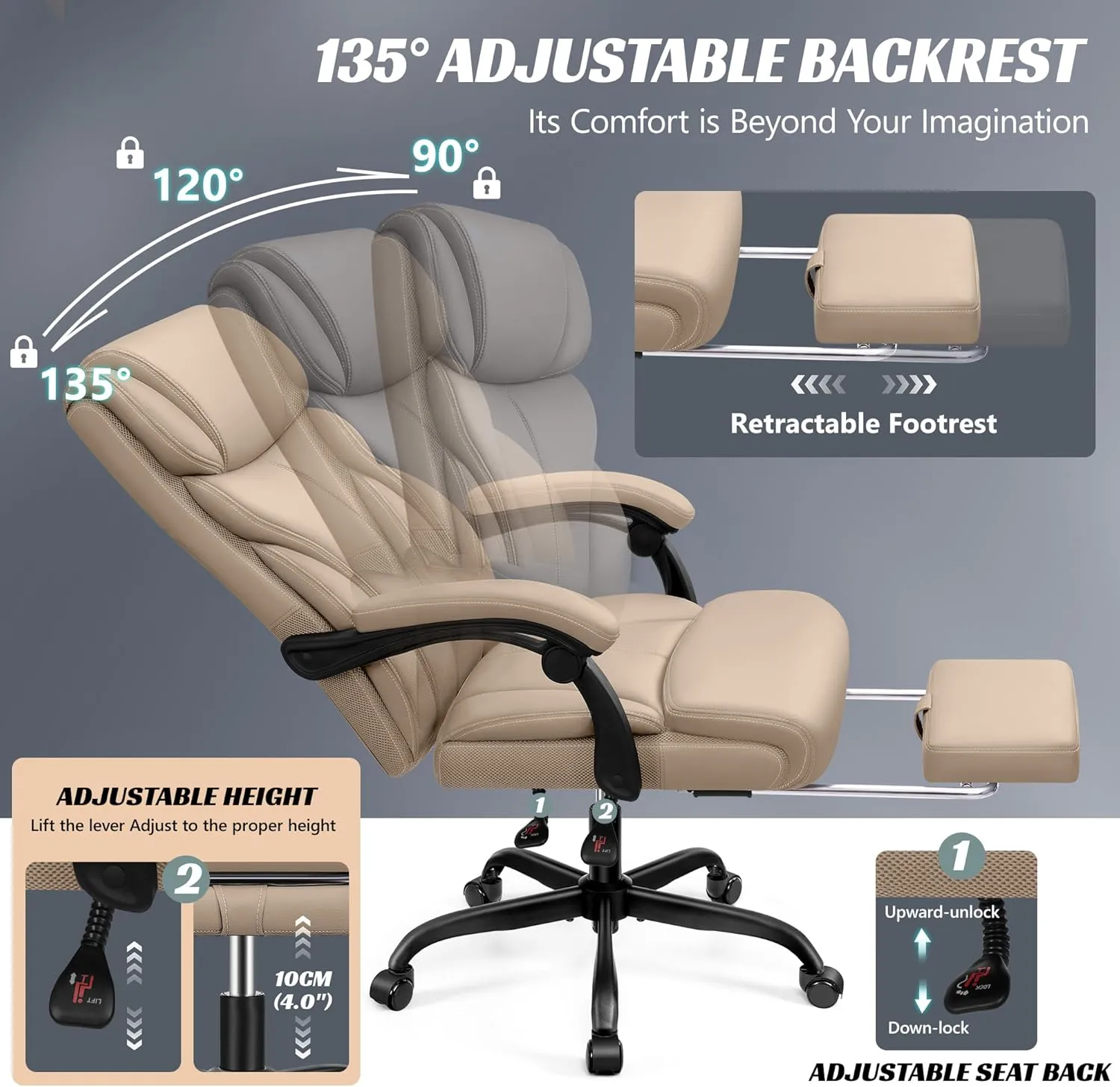 Office Chair, Executive Leather Chair Big and Tall Ergonomic Computer Desk Chairs, Comfy Swivel Rolling Reclining Lumbar Support Task Chair with Adjustable High Back Foot Rest for Home Gaming
