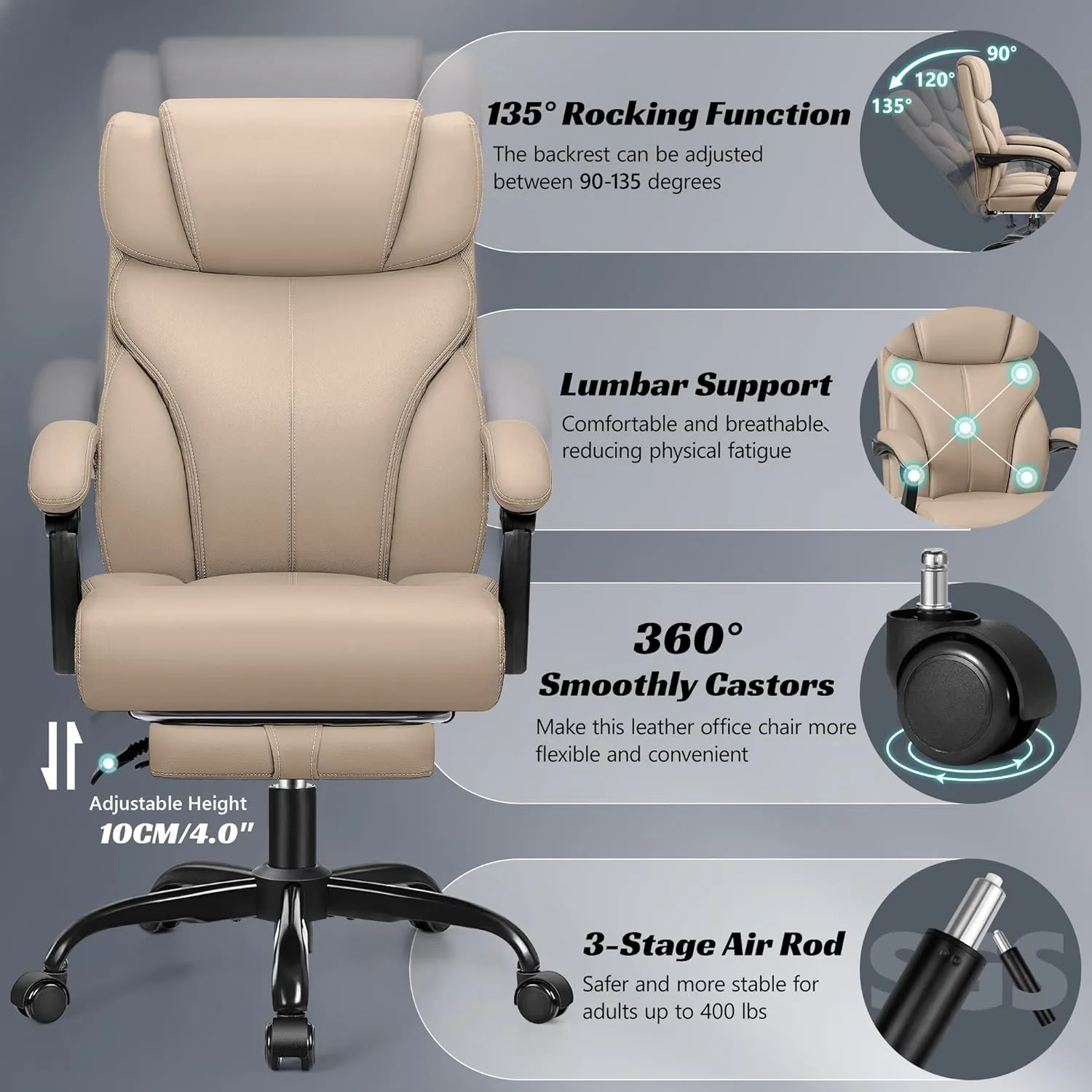 Office Chair, Executive Leather Chair Big and Tall Ergonomic Computer Desk Chairs, Comfy Swivel Rolling Reclining Lumbar Support Task Chair with Adjustable High Back Foot Rest for Home Gaming