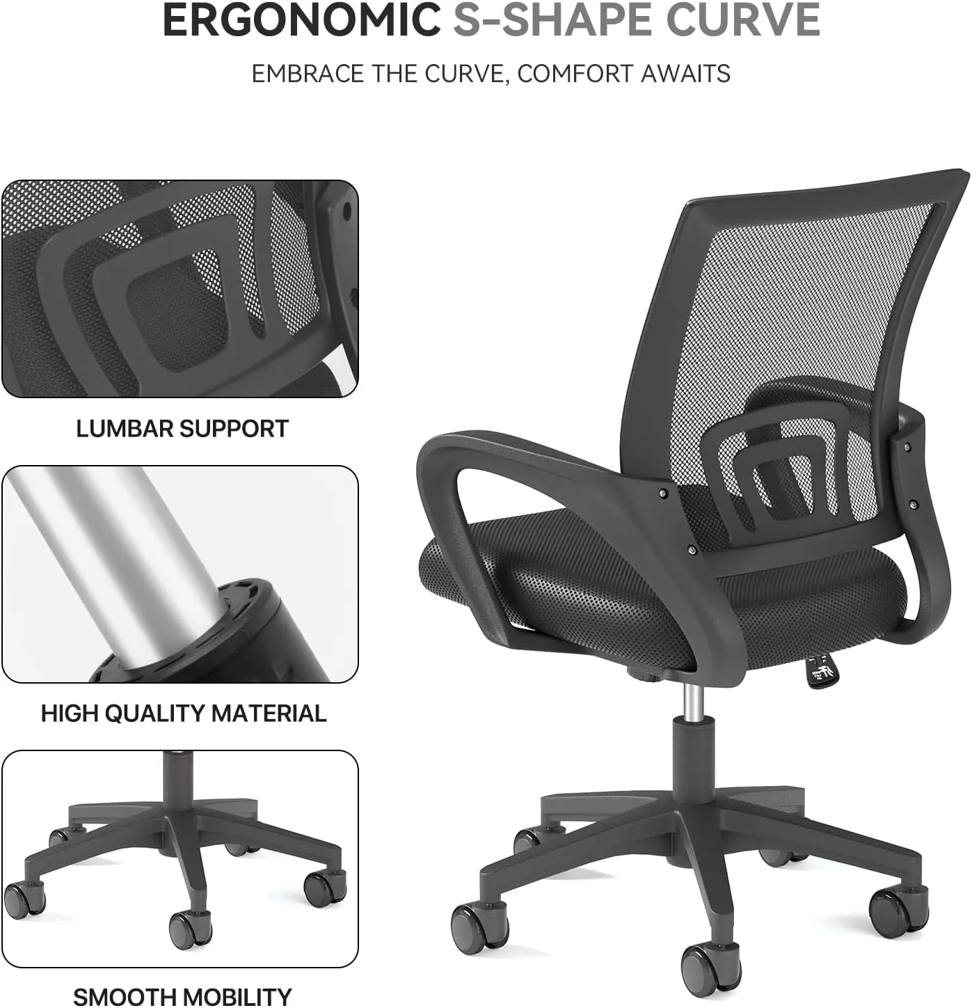 Office Chairs Set of 2, Ergonomic Mesh Desk Chairs with Lumbar Support, Adjustable Height Swivel Rolling Wheels for Home and Office Use, Black