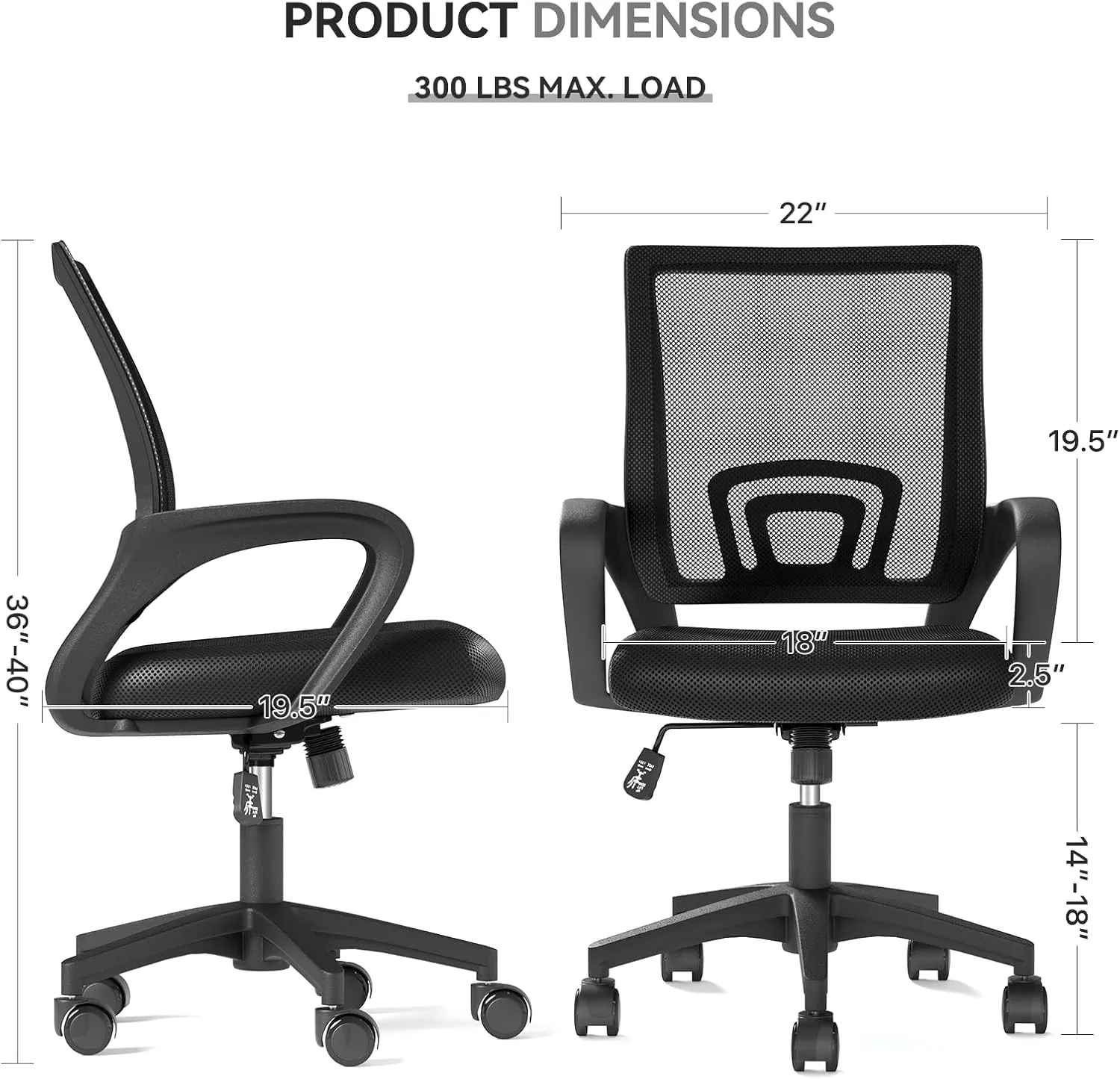 Office Chairs Set of 2, Ergonomic Mesh Desk Chairs with Lumbar Support, Adjustable Height Swivel Rolling Wheels for Home and Office Use, Black