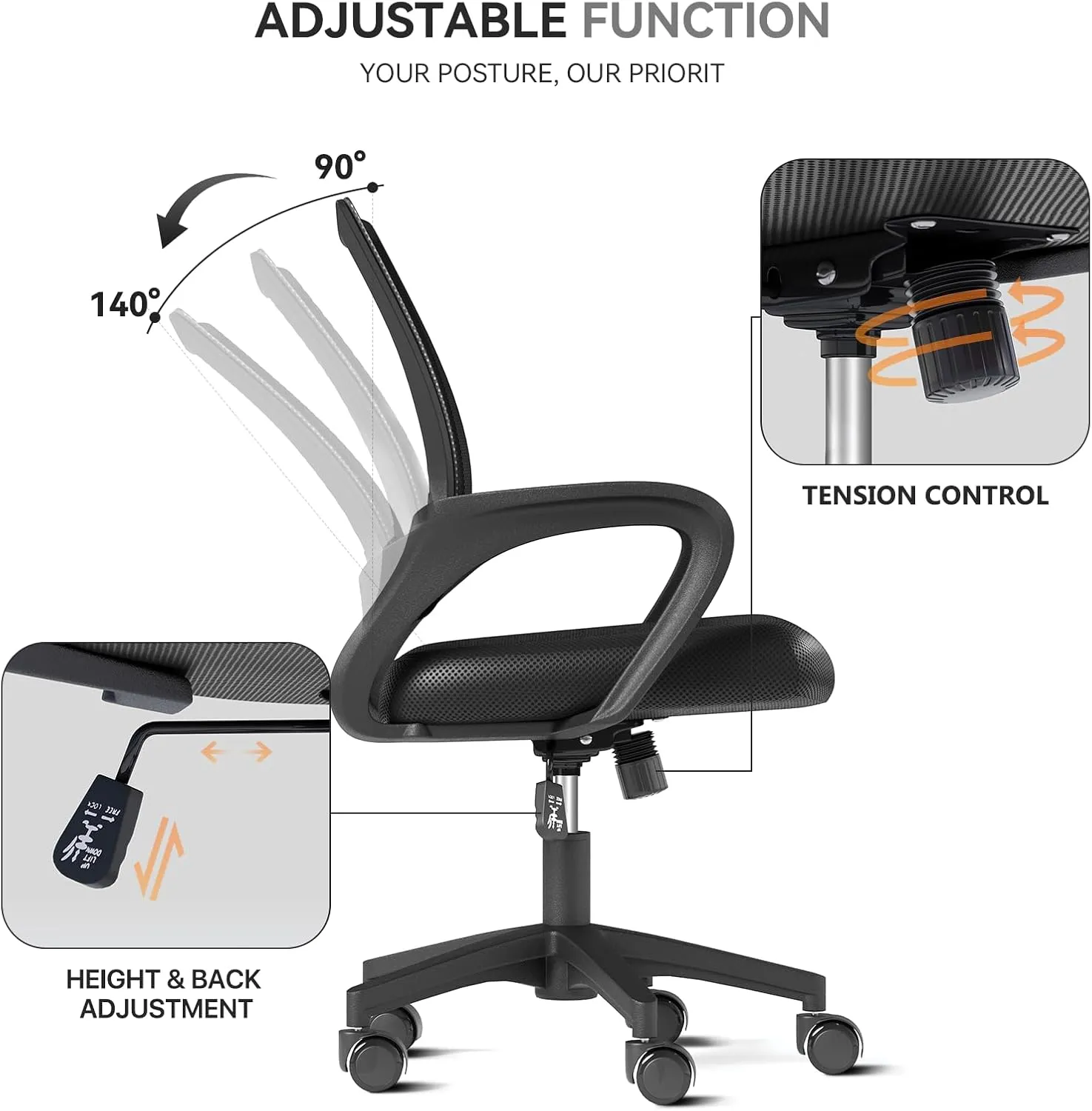 Office Chairs Set of 2, Ergonomic Mesh Desk Chairs with Lumbar Support, Adjustable Height Swivel Rolling Wheels for Home and Office Use, Black