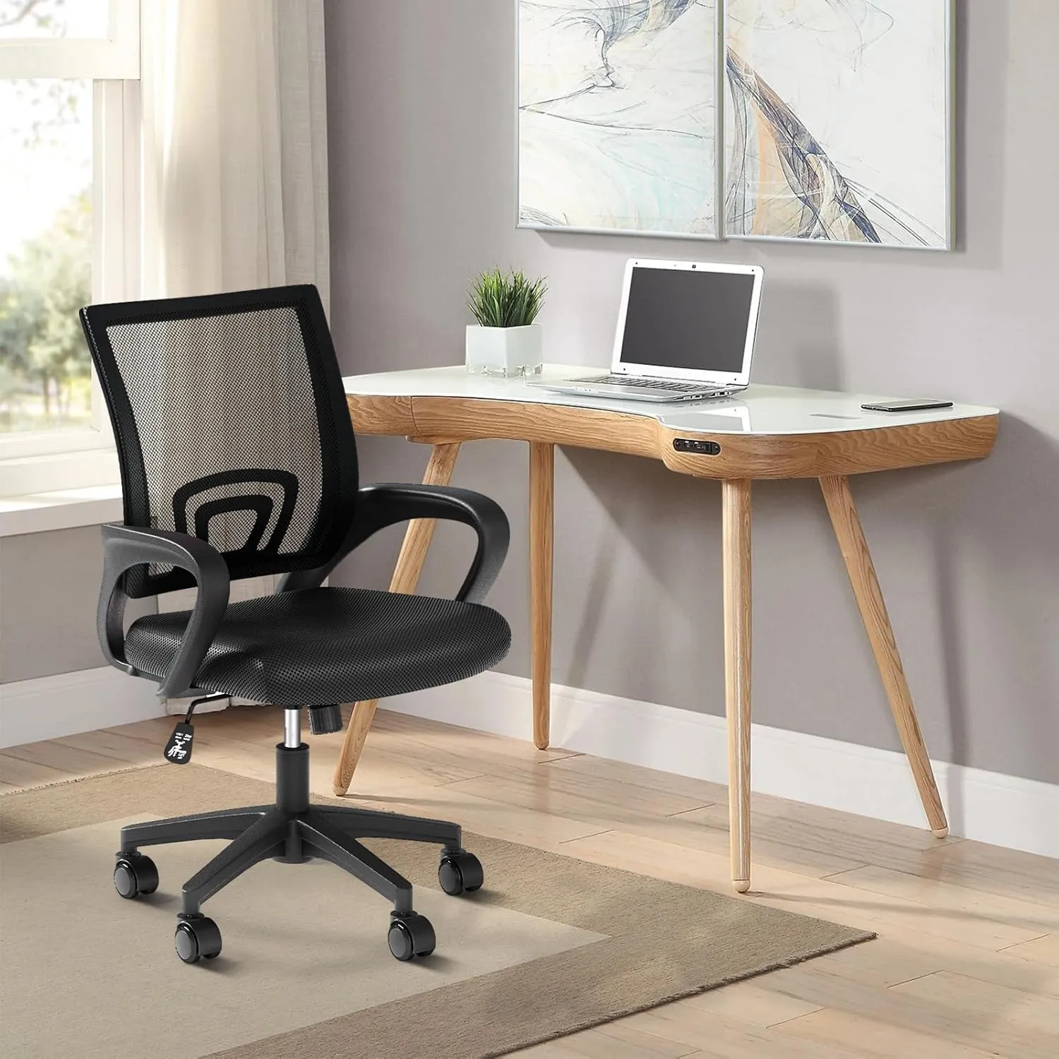 Office Chairs Set of 2, Ergonomic Mesh Desk Chairs with Lumbar Support, Adjustable Height Swivel Rolling Wheels for Home and Office Use, Black