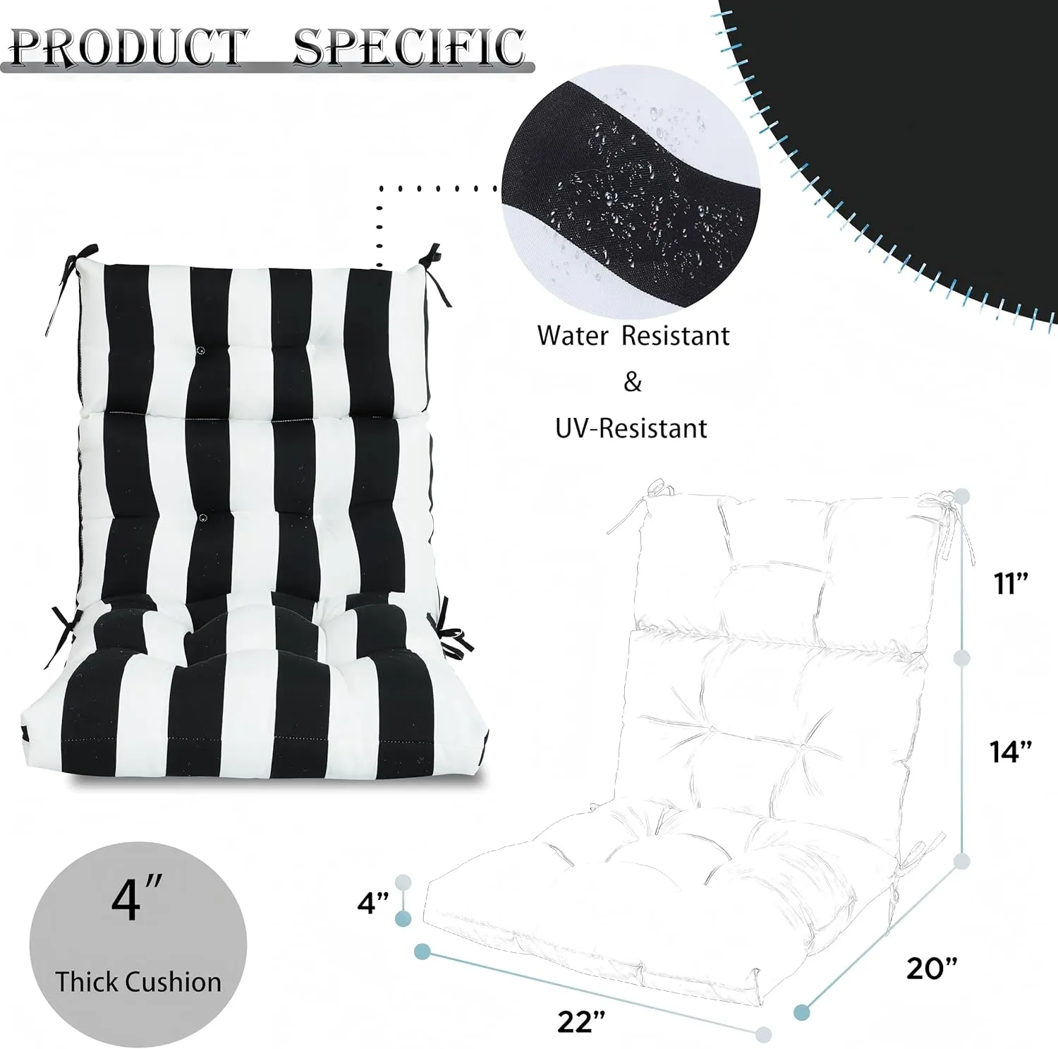 Only choice High Back Adirondack Chair Cushion Set of 2-44”x 22”x 4” Waterproof, Fade-Resistant Outdoor Rocking Chair Cushions for Patio, Garden, Porch (2, Black White Stripes)