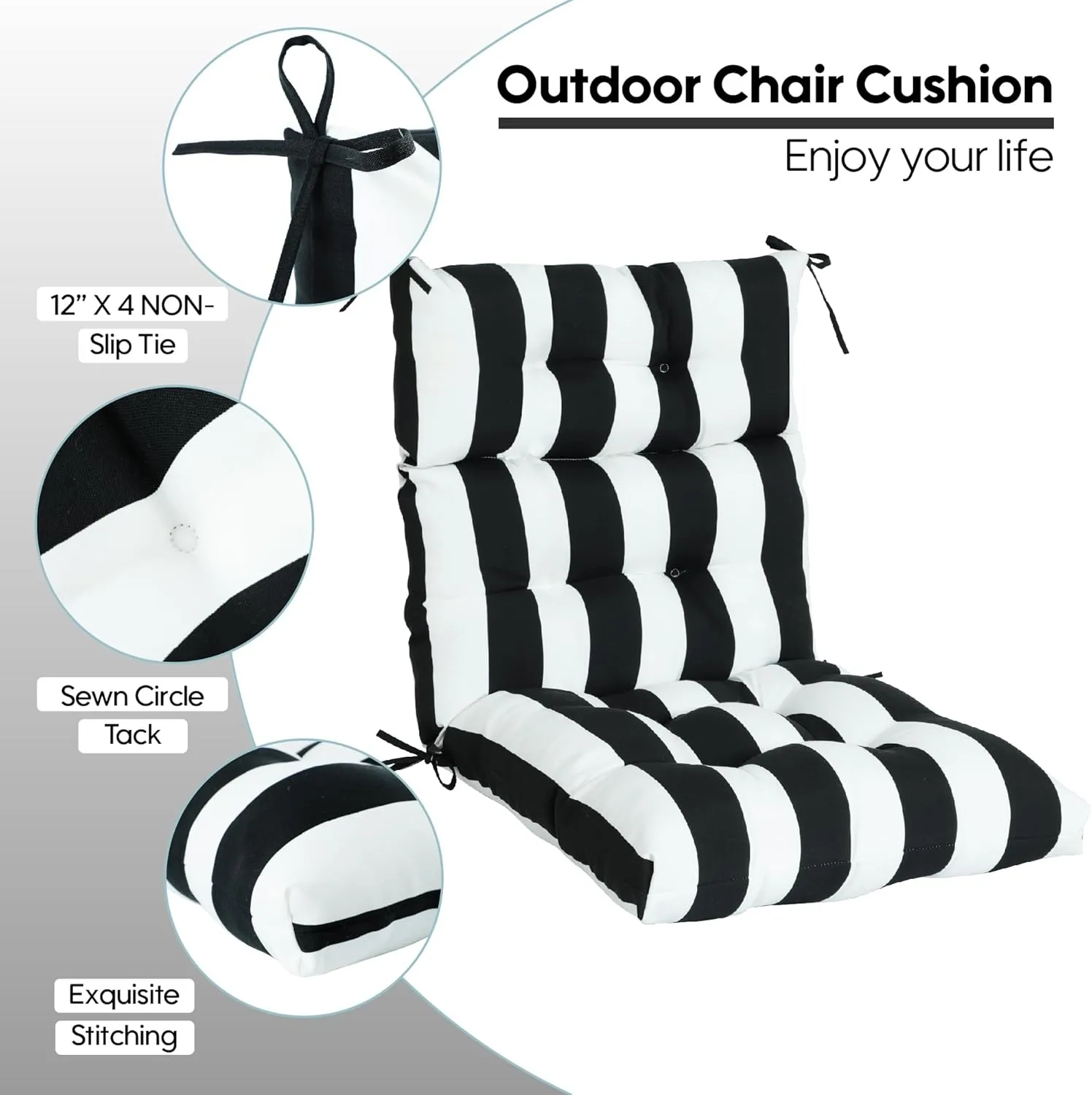 Only choice High Back Adirondack Chair Cushion Set of 2-44”x 22”x 4” Waterproof, Fade-Resistant Outdoor Rocking Chair Cushions for Patio, Garden, Porch (2, Black White Stripes)