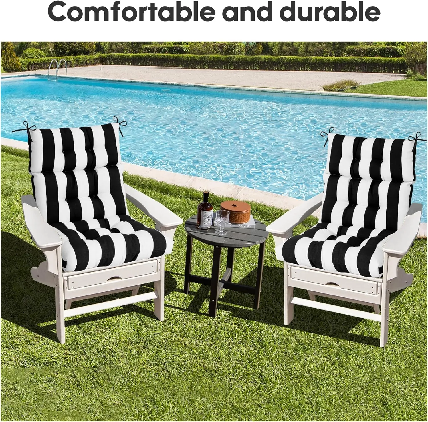 Only choice High Back Adirondack Chair Cushion Set of 2-44”x 22”x 4” Waterproof, Fade-Resistant Outdoor Rocking Chair Cushions for Patio, Garden, Porch (2, Black White Stripes)