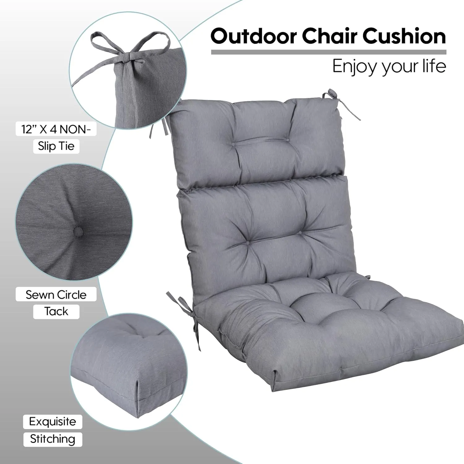 Only choice High Back Adirondack Chair Cushion Set of 2-44”x 22”x 4” Waterproof, Fade-Resistant Outdoor Rocking Chair Cushions for Patio, Garden, Porch (2, Grey)