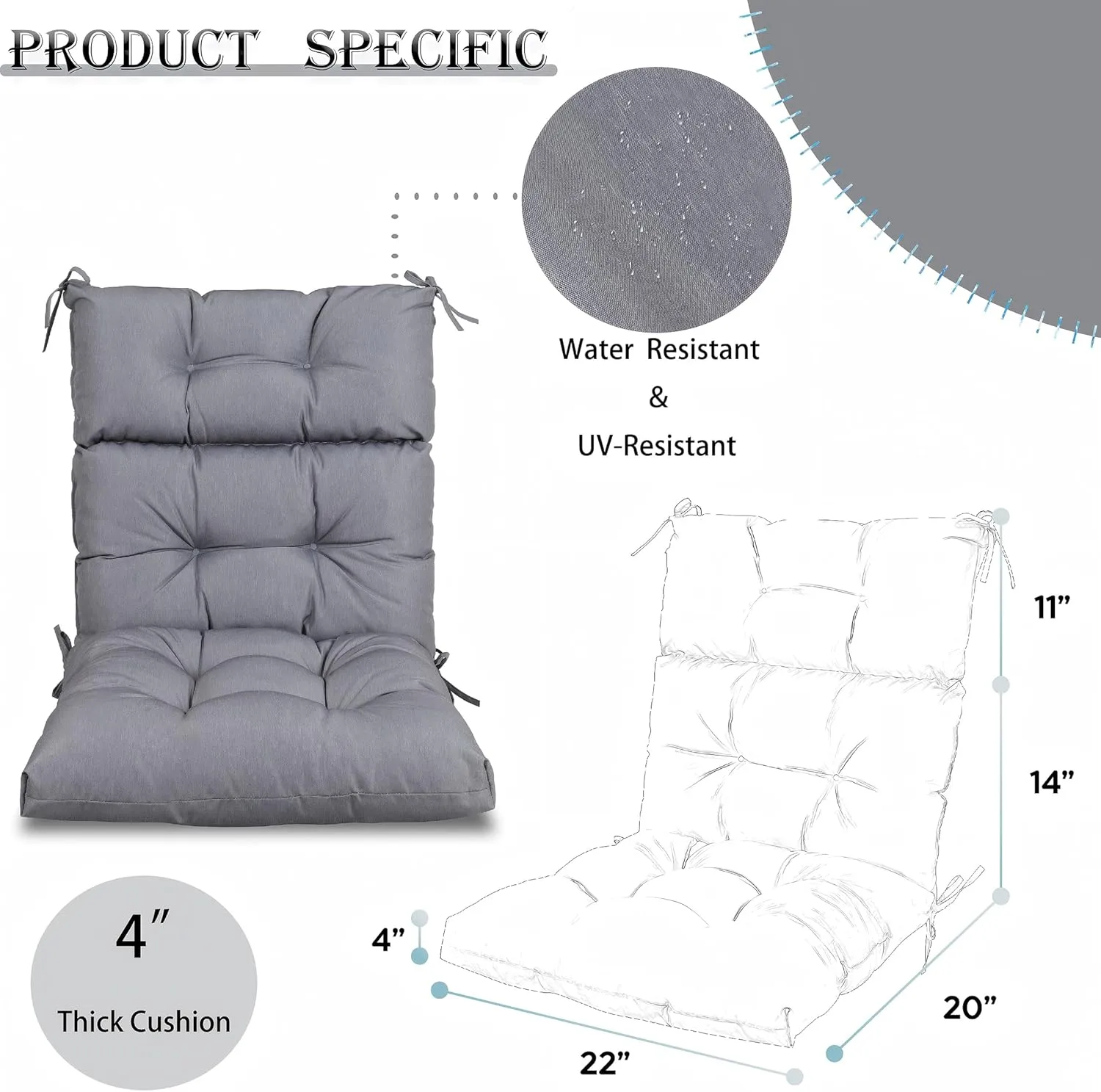 Only choice High Back Adirondack Chair Cushion Set of 2-44”x 22”x 4” Waterproof, Fade-Resistant Outdoor Rocking Chair Cushions for Patio, Garden, Porch (2, Grey)