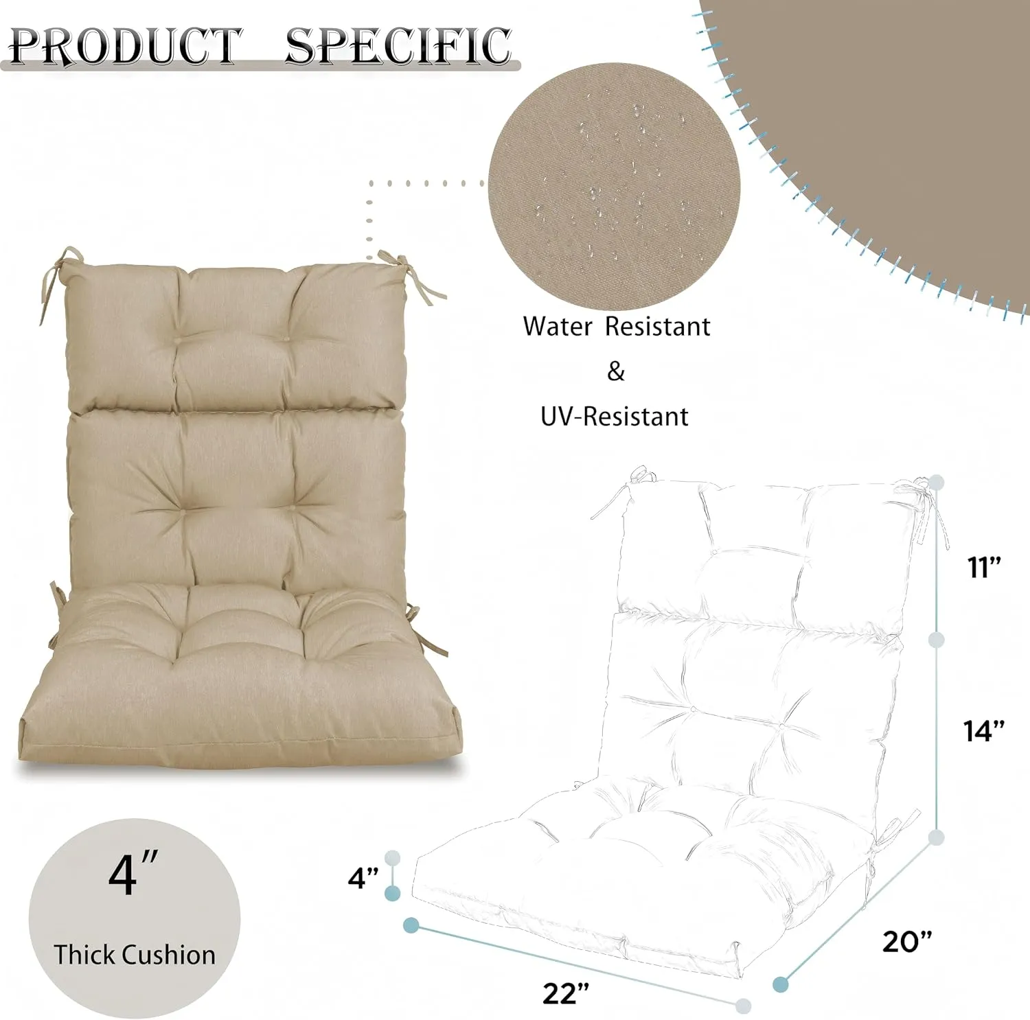 Only choice High Back Adirondack Chair Cushion Set of 2-44”x 22”x 4” Waterproof, Fade-Resistant Outdoor Rocking Chair Cushions for Patio, Garden, Porch (2, Khaki)