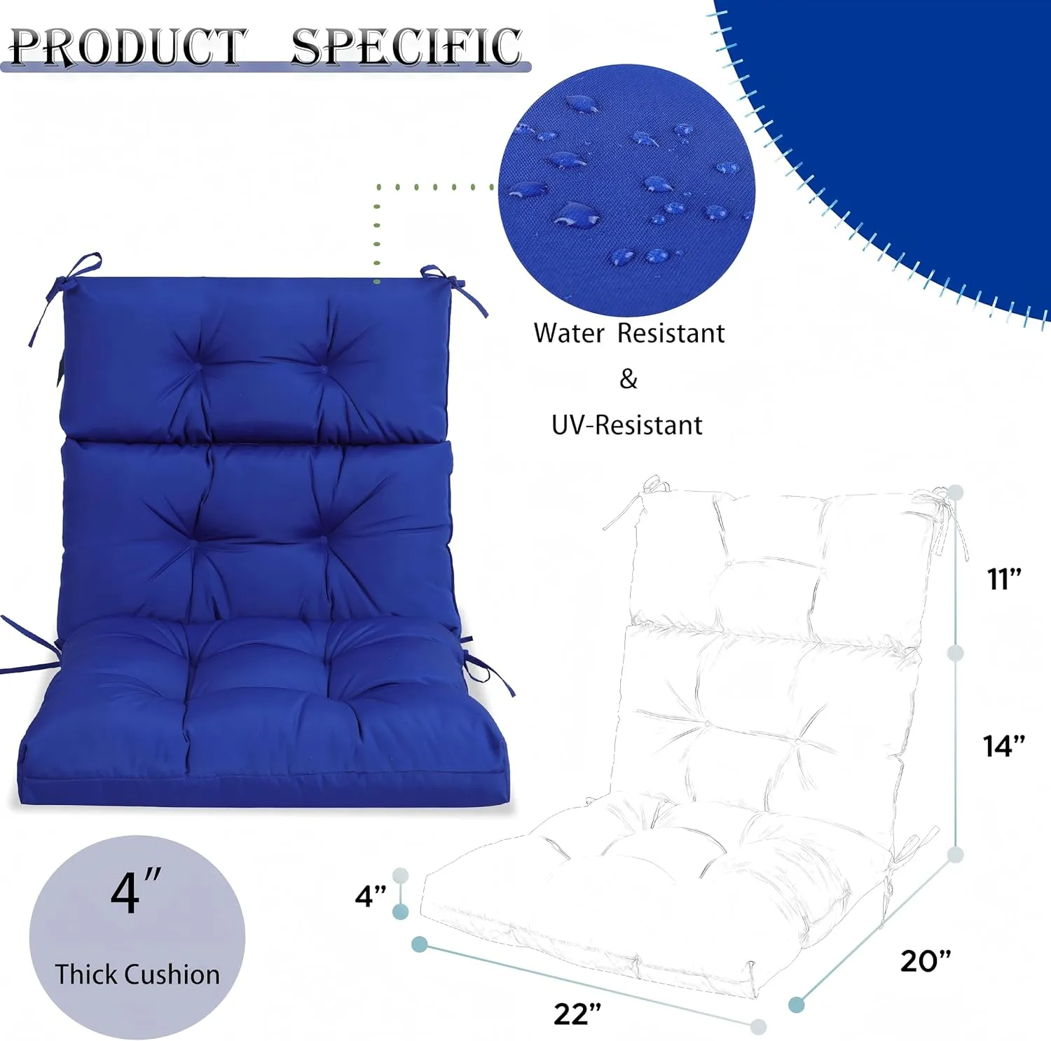 Only choice High Back Chair Cushions,Adirondack Chair Cushion with Waterproof All-Weather, Rocking Chair Cushion for Outdoor Patio, Garden Porch 44”x 22”x 4,Set of 2 (2, Blue)