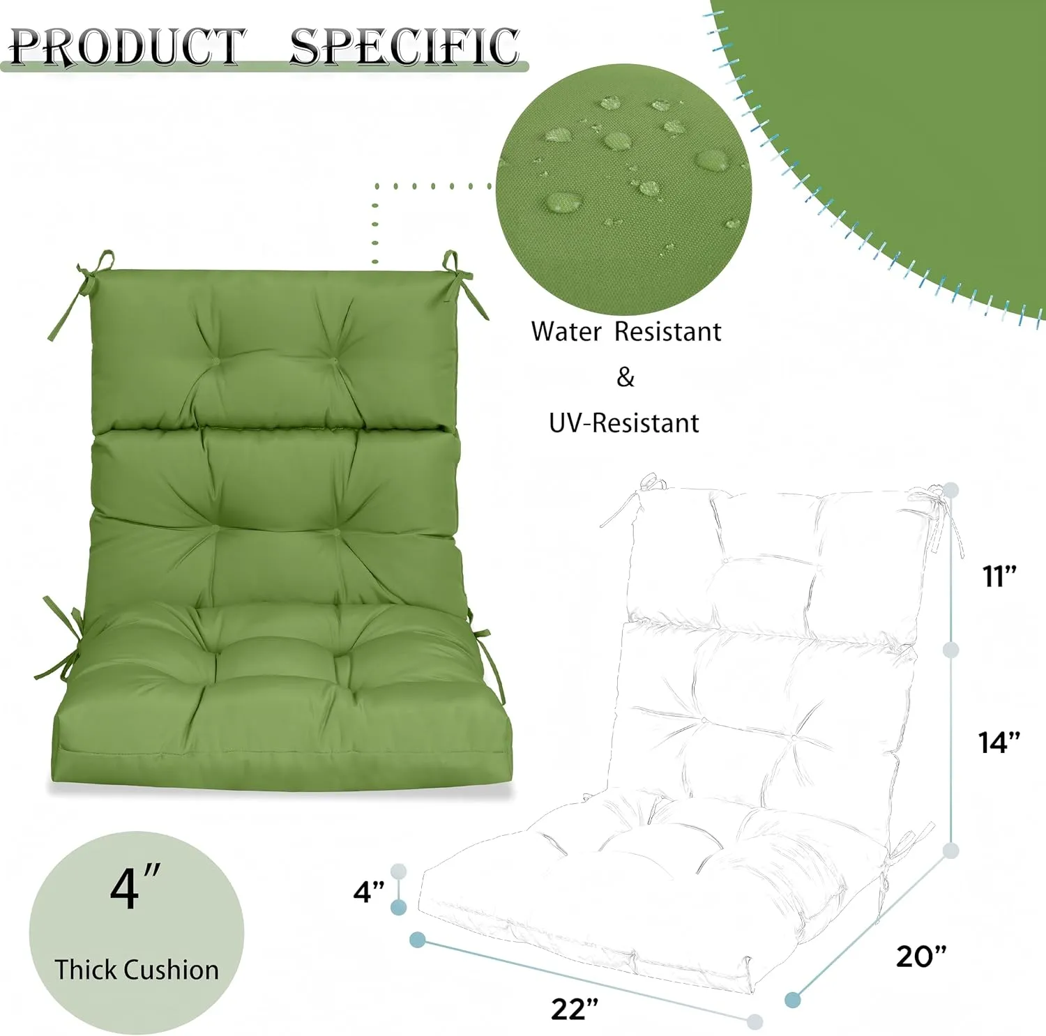 Only choice High Back Chair Cushions,Adirondack Chair Cushion with Waterproof All-Weather, Rocking Chair Cushion for Outdoor Patio, Garden Porch 44”x 22”x 4,Set of 2 (2, Green)