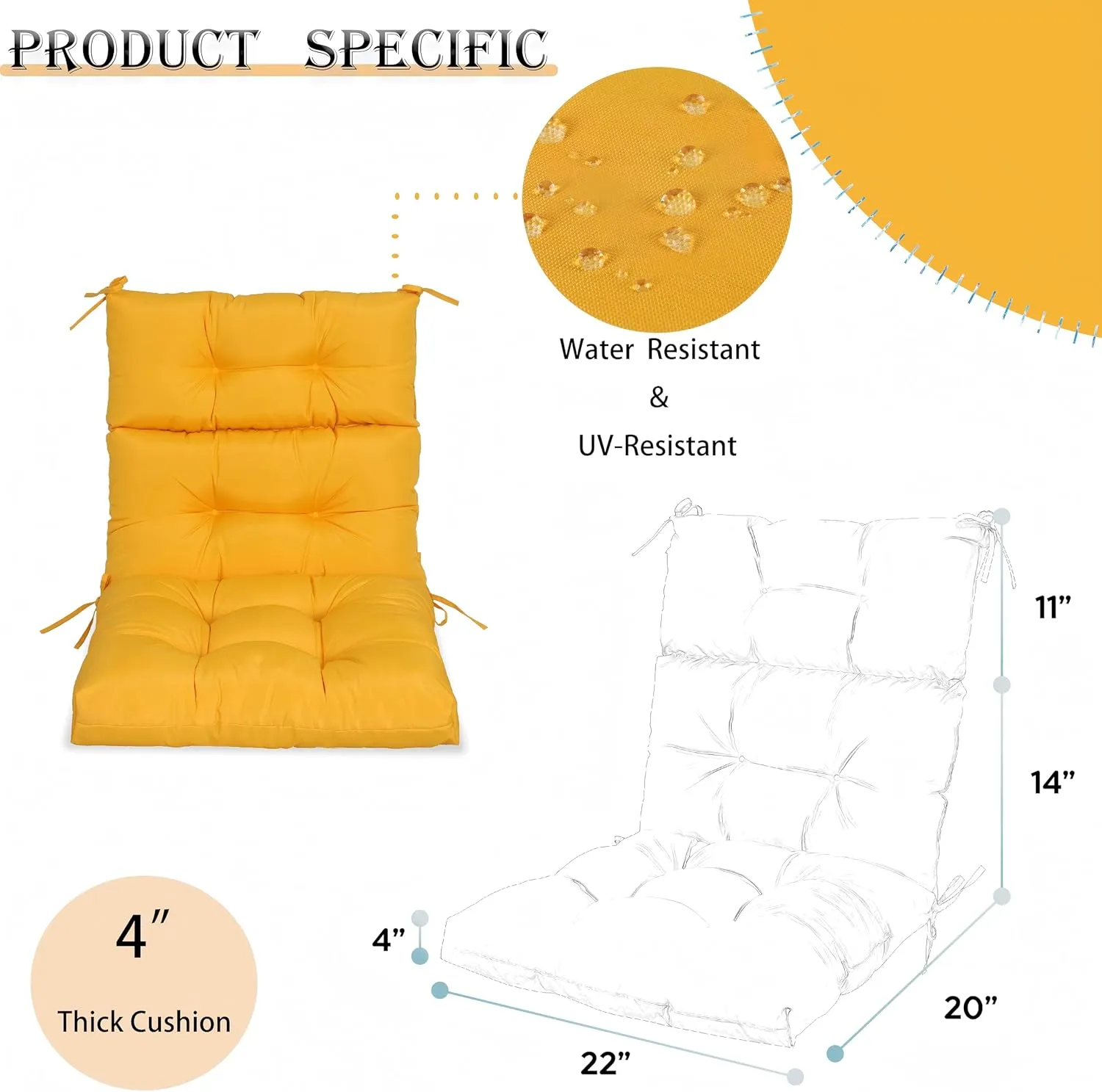 Only choice High Back Chair Cushions,Adirondack Chair Cushion with Waterproof All-Weather, Rocking Chair Cushion for Outdoor Patio, Garden Porch 44”x 22”x 4,Set of 2 (2, Yellow)