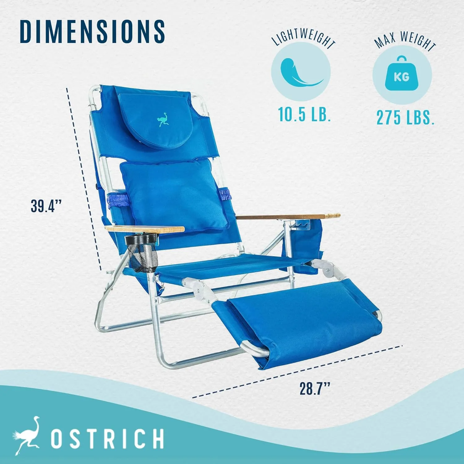 Ostrich Deluxe Reclining Lounge Chair, 3 in 1 Folding Outdoor Beach Lounger, Blue