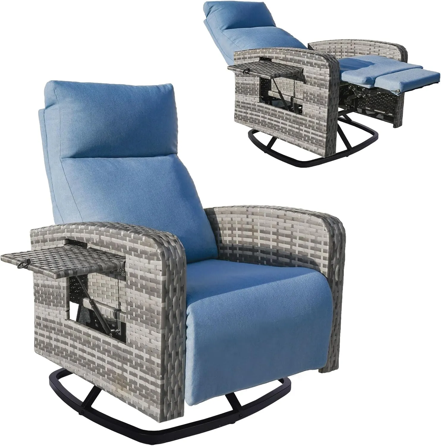 Outdoor 360° Swivel Rattan Recliner Chair Set of 2 Patio Wicker Chaise Lounge Chair 350 lbs with Adjustable Backrest & Footrest & Side Table