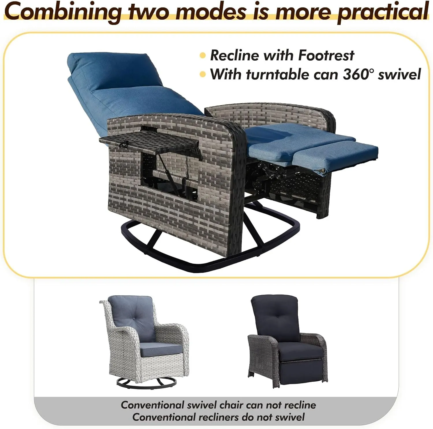 Outdoor 360° Swivel Rattan Recliner Chair Set of 2 Patio Wicker Chaise Lounge Chair 350 lbs with Adjustable Backrest & Footrest & Side Table