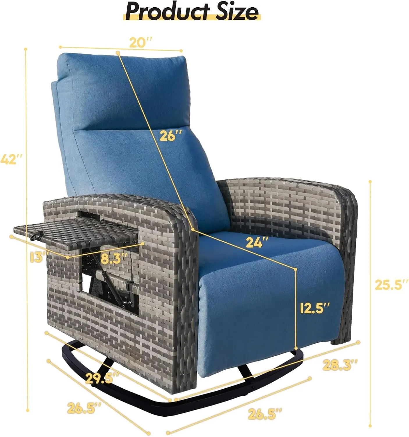 Outdoor 360° Swivel Rattan Recliner Chair Set of 2 Patio Wicker Chaise Lounge Chair 350 lbs with Adjustable Backrest & Footrest & Side Table