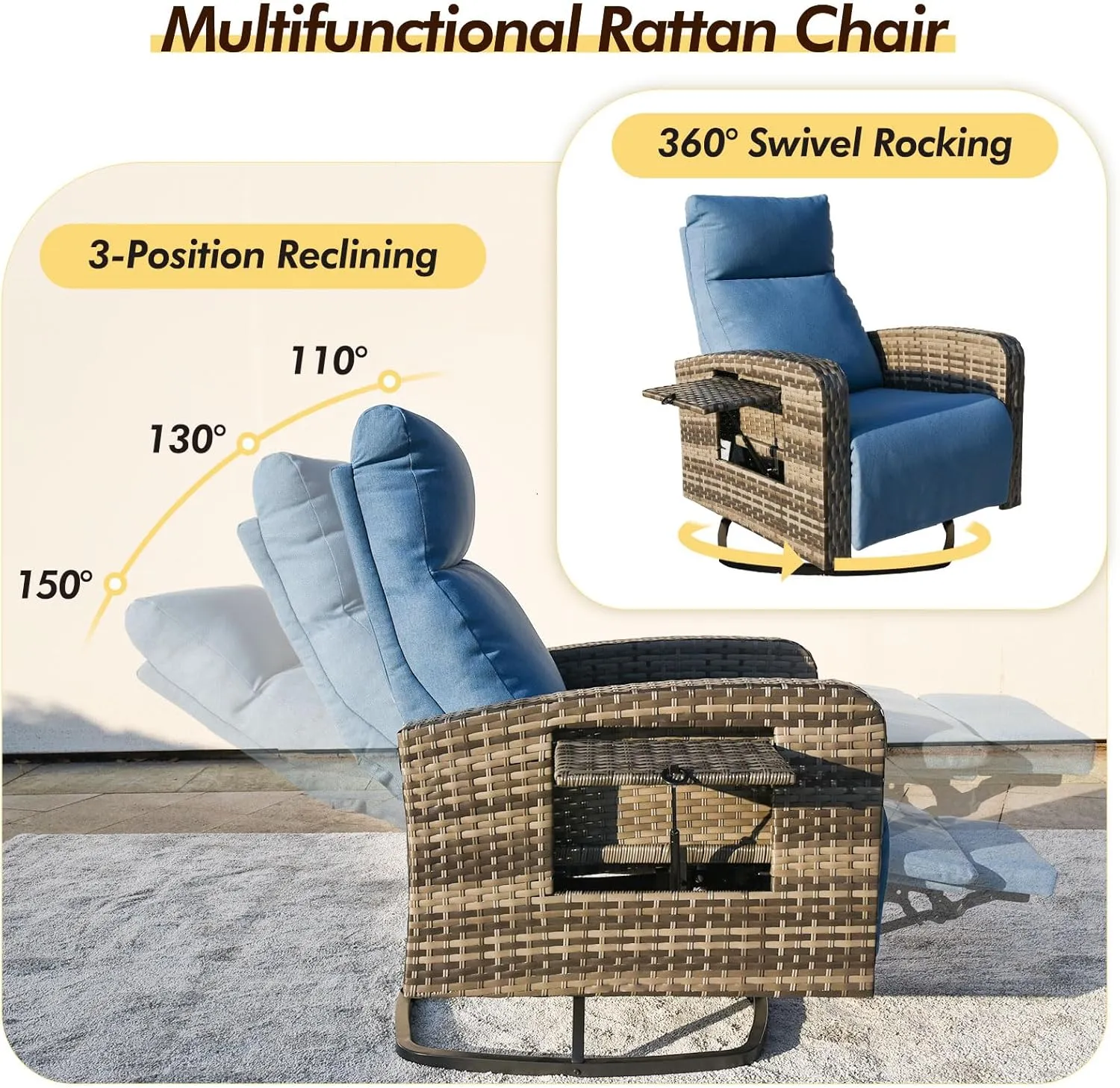 Outdoor 360° Swivel Rattan Recliner Chair Set of 2 Patio Wicker Chaise Lounge Chair 350 lbs with Adjustable Backrest & Footrest & Side Table
