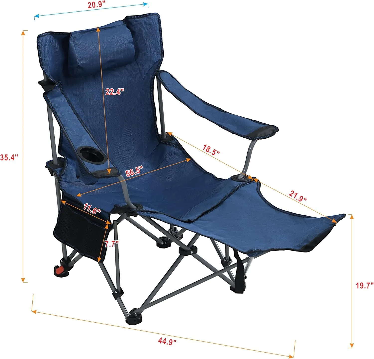 Outdoor Camping Chair, Portable Folding Camp Chair for Adults, Foldable Reclining Chair with 3-Level Adjustment, Side Pockets & Cup Holder,Carry Bag for Outdoor, 264lbs Capacity - Dark Blue