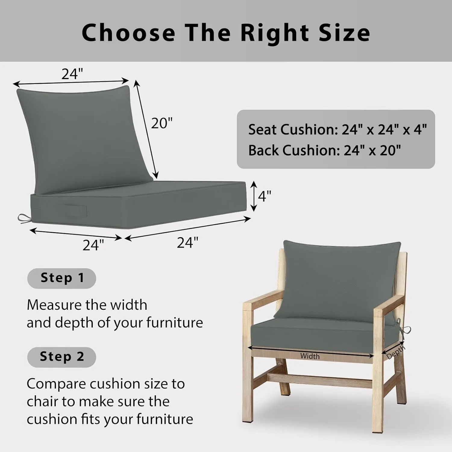 Outdoor Chair Cushions 24x24, Patio Furniture Cushions with Removable Cover, Outdoor Deep Seat Cushion Set with Ties and Handle, Waterproof Outdoor Cushions for Chair Sofa Couch, Dark Grey