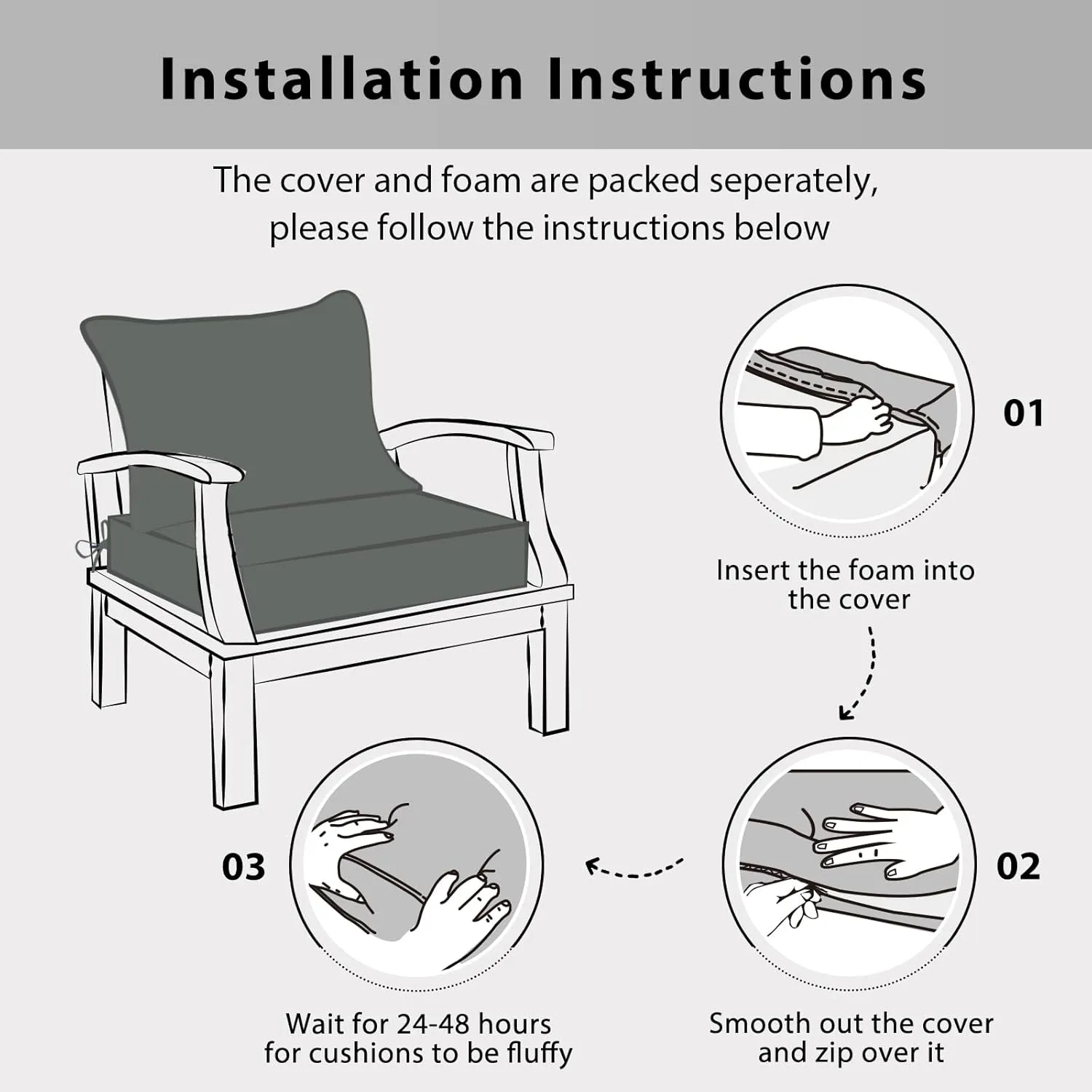 Outdoor Chair Cushions 24x24, Patio Furniture Cushions with Removable Cover, Outdoor Deep Seat Cushion Set with Ties and Handle, Waterproof Outdoor Cushions for Chair Sofa Couch, Dark Grey