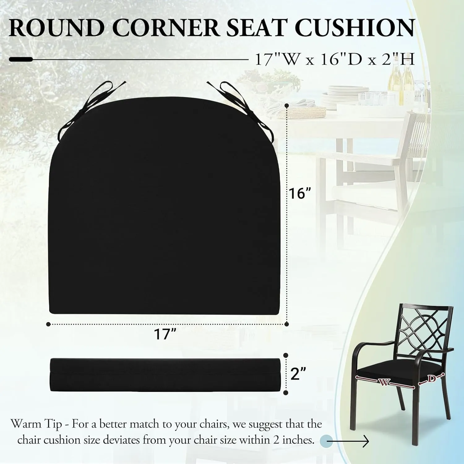Outdoor Chair Cushions for Patio Furniture - Patio Chair Cushions Set of 6 - Water Resistant Round Corner Outdoor Seat Cushions 17"X16"X2", Black
