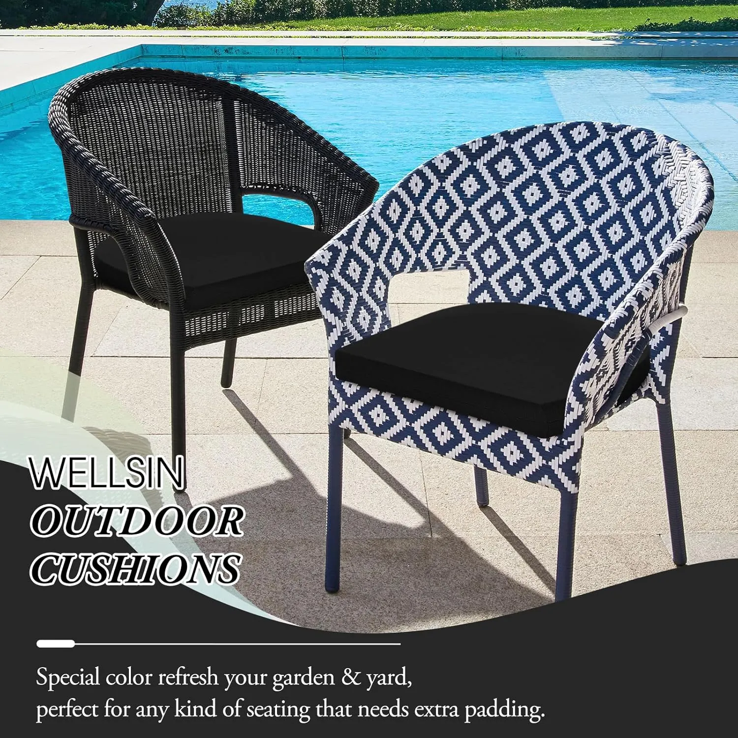 Outdoor Chair Cushions for Patio Furniture - Patio Chair Cushions Set of 6 - Water Resistant Round Corner Outdoor Seat Cushions 17"X16"X2", Black