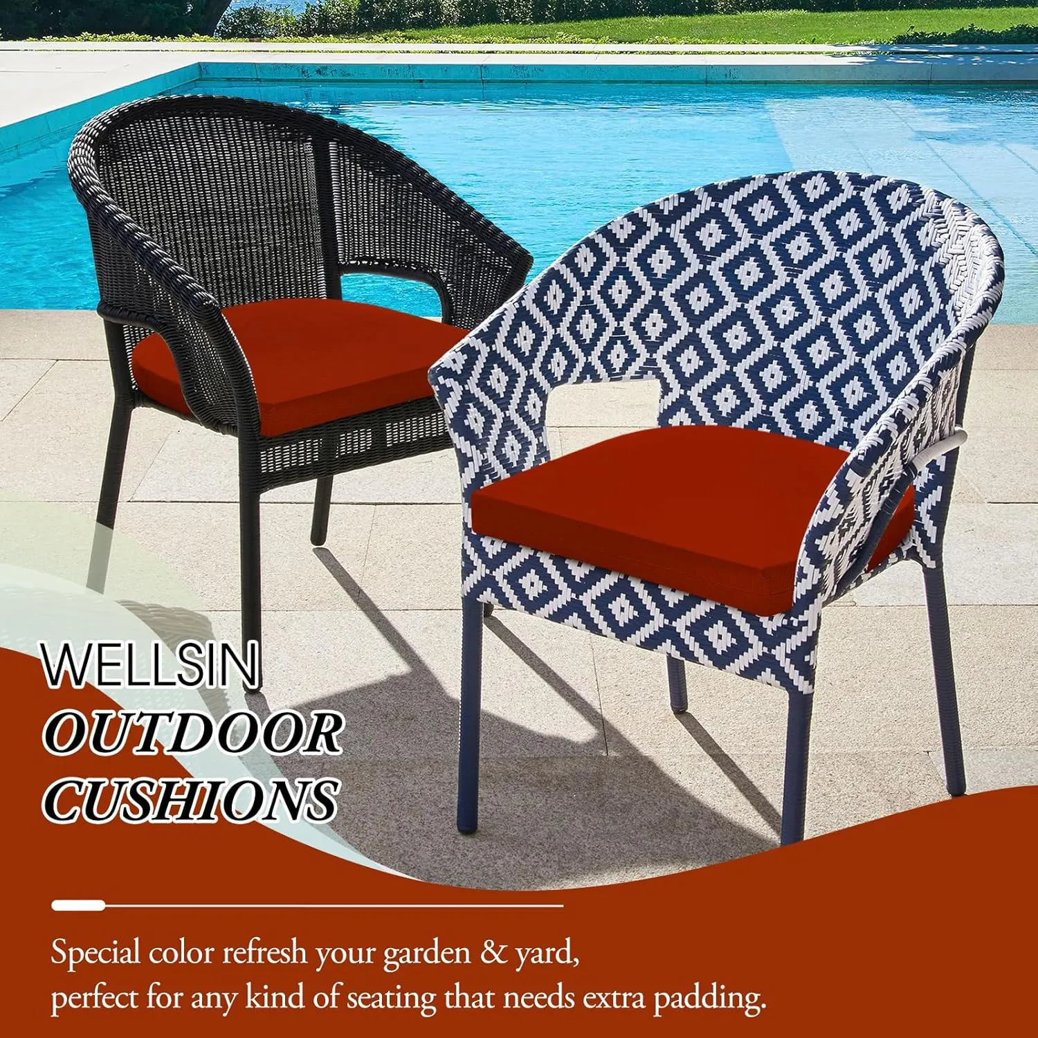 Outdoor Chair Cushions for Patio Furniture - Patio Chair Cushions Set of 6 - Water Resistant Round Corner Outdoor Seat Cushions 17"X16"X2", Brick Red