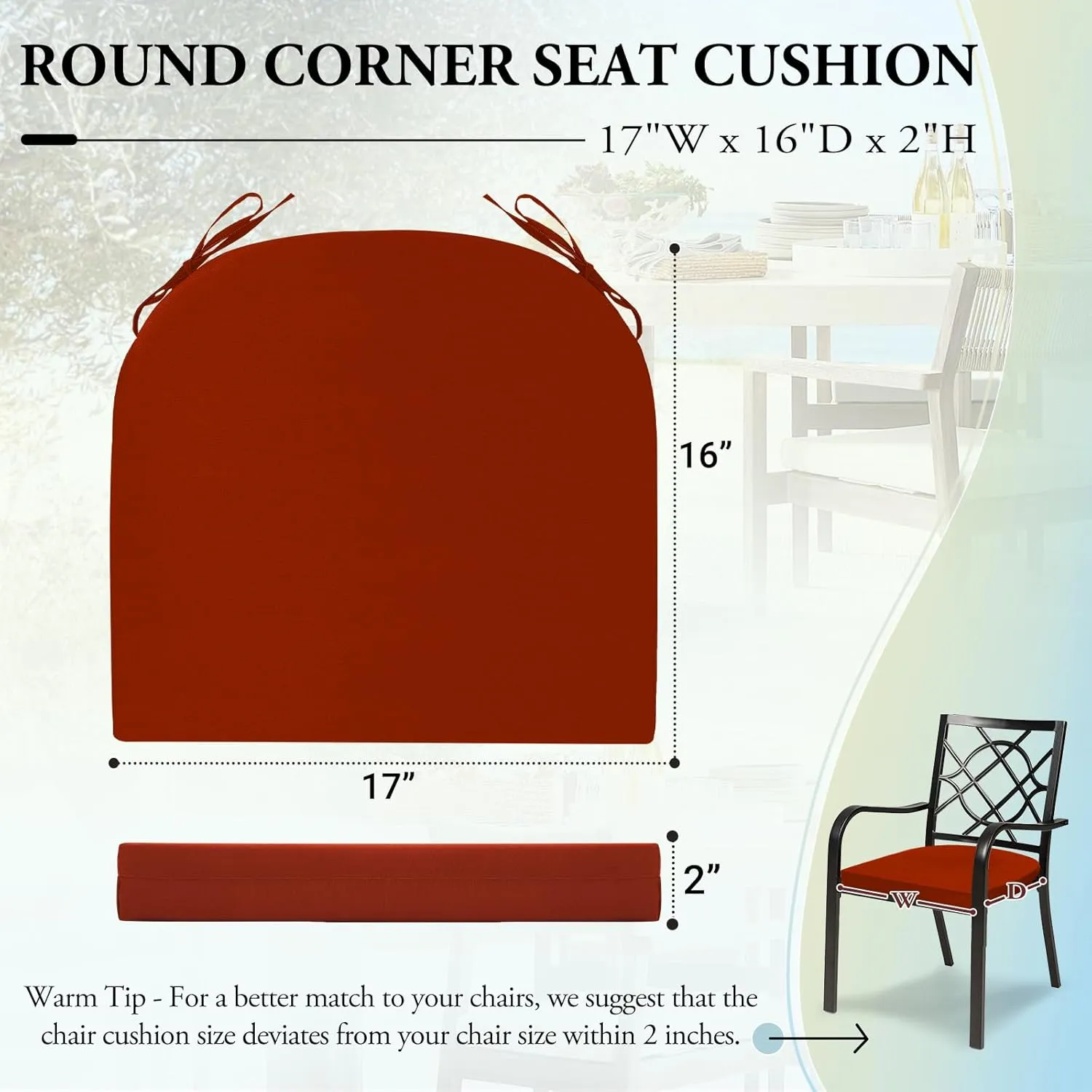 Outdoor Chair Cushions for Patio Furniture - Patio Chair Cushions Set of 6 - Water Resistant Round Corner Outdoor Seat Cushions 17"X16"X2", Brick Red