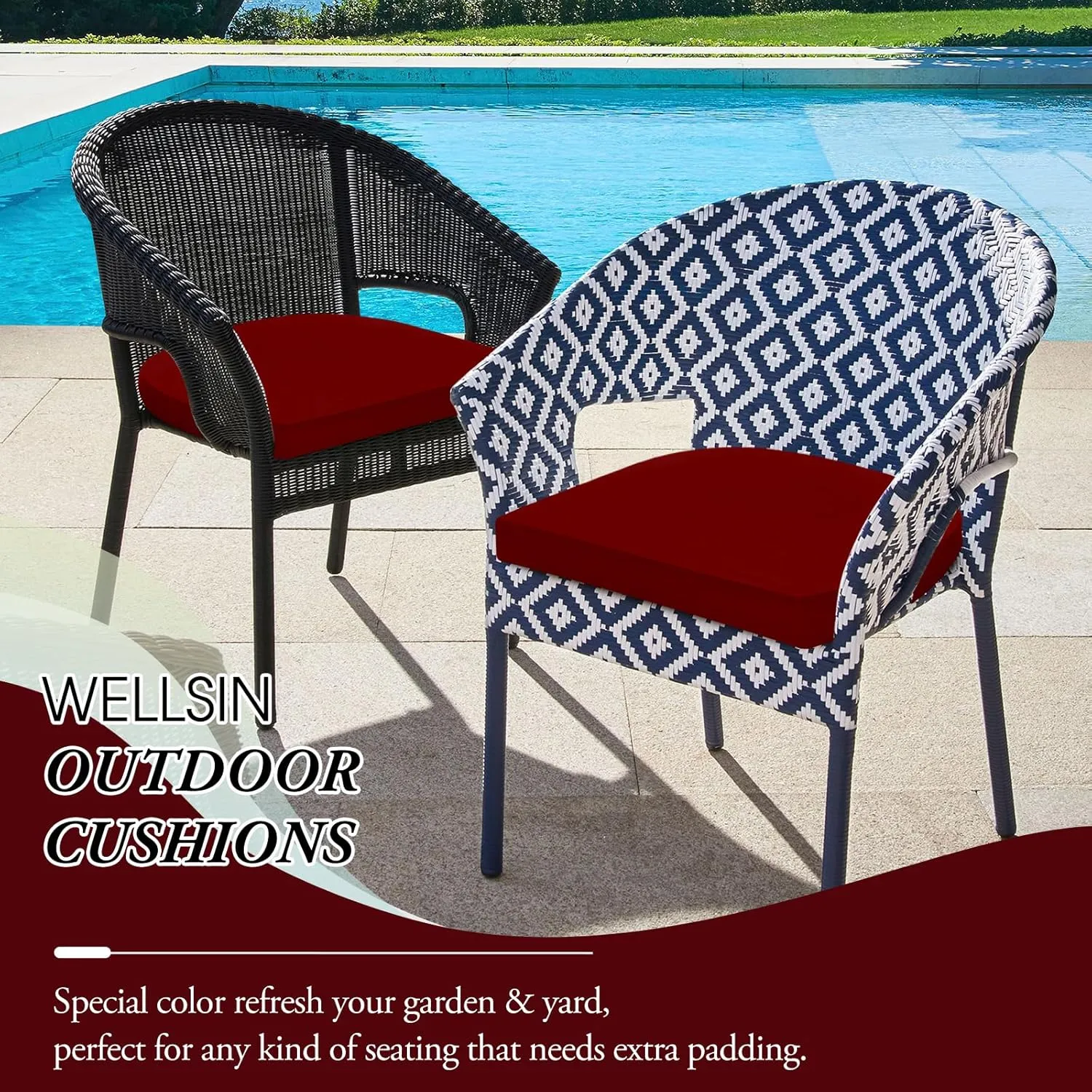 Outdoor Chair Cushions for Patio Furniture - Patio Chair Cushions Set of 6 - Water Resistant Round Corner Outdoor Seat Cushions 17"X16"X2", Burgundy