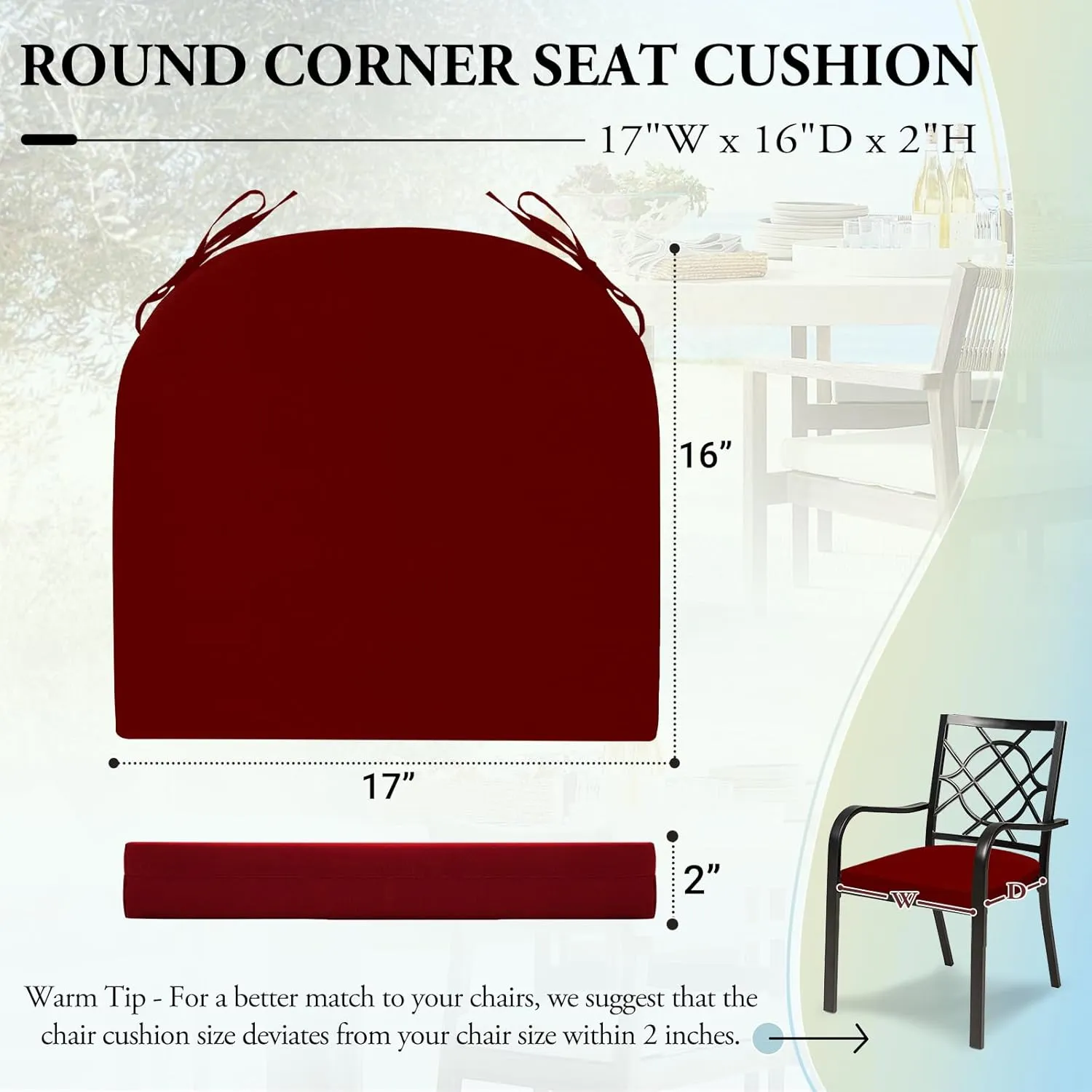 Outdoor Chair Cushions for Patio Furniture - Patio Chair Cushions Set of 6 - Water Resistant Round Corner Outdoor Seat Cushions 17"X16"X2", Burgundy
