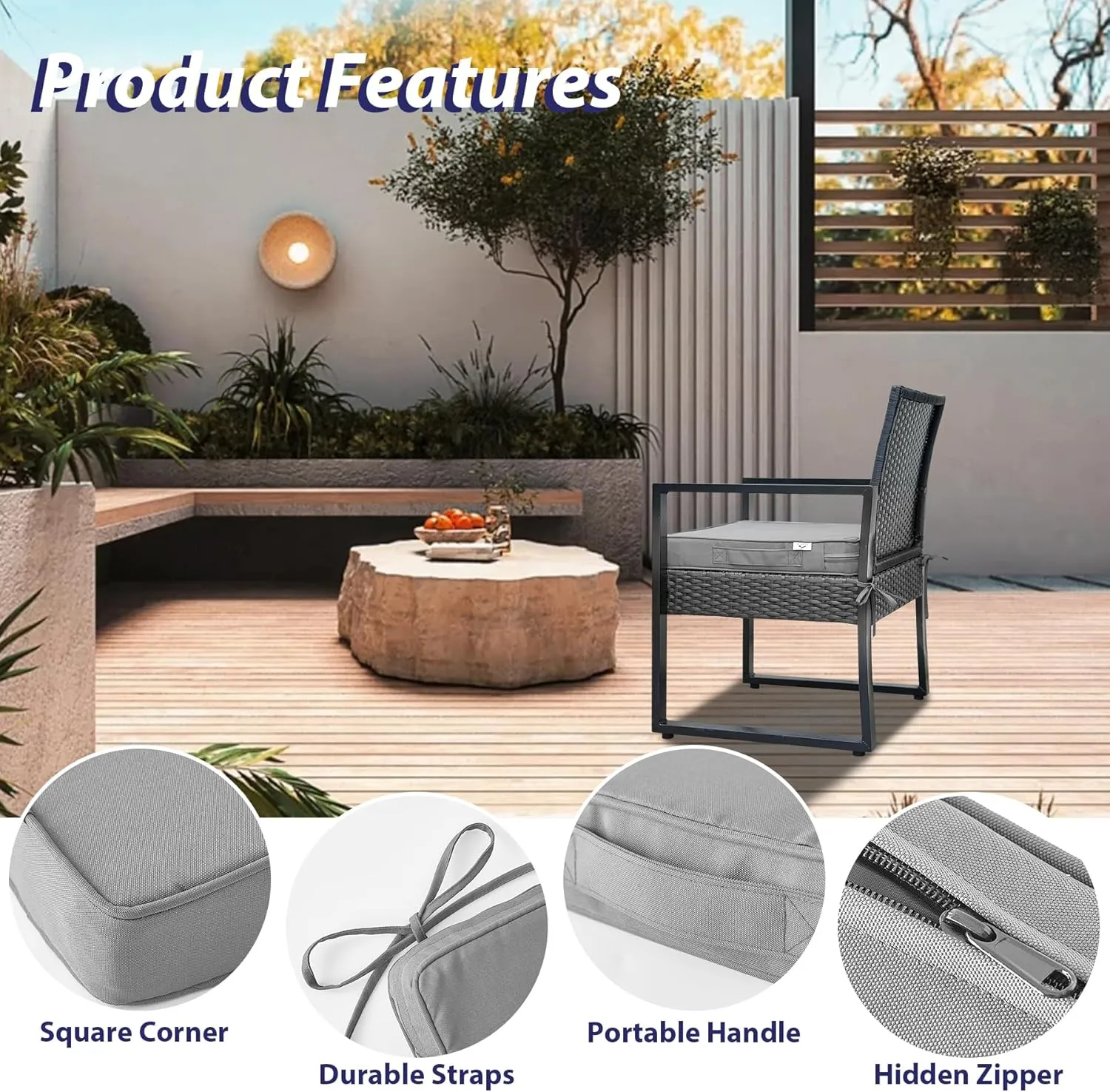 Outdoor Chair Cushions Set of 4, Waterproof Outdoor Seat Cushions for Patio Furniture, Patio Chair Cushion with Handle and Ties, Square Out Door Chair Pads,19" x 19" x 3", Light Grey