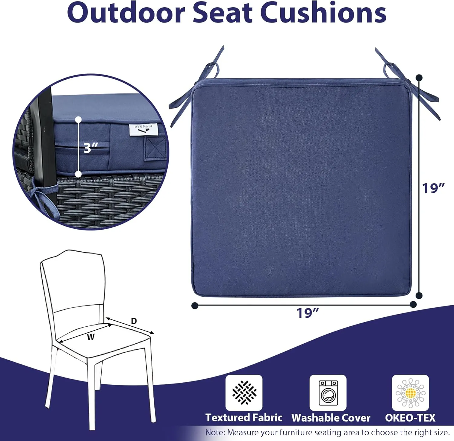Outdoor Chair Cushions Set of 4, Waterproof Outdoor Seat Cushions for Patio Furniture, Patio Chair Cushion with Handle and Ties, Square Out Door Chair Pads,19" x 19" x 3", Navy Blue