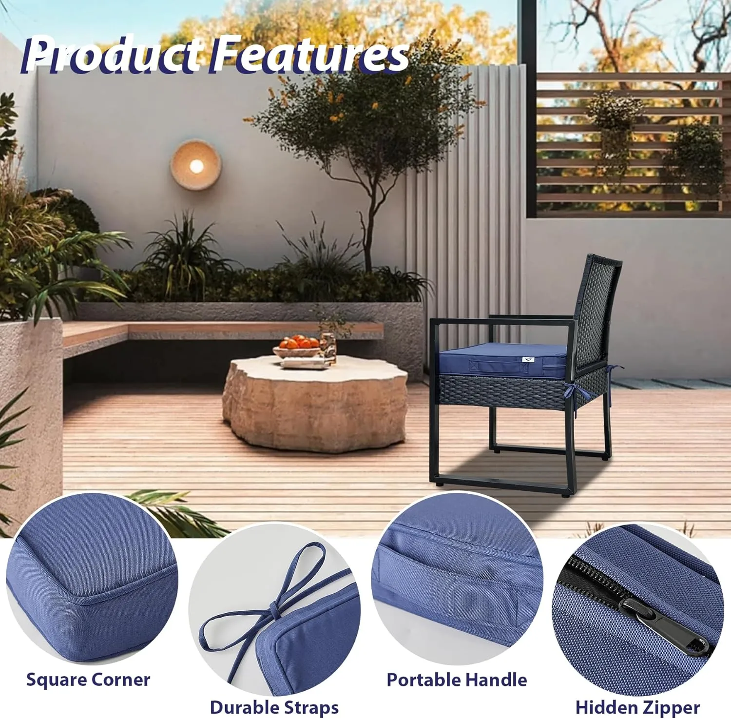 Outdoor Chair Cushions Set of 4, Waterproof Outdoor Seat Cushions for Patio Furniture, Patio Chair Cushion with Handle and Ties, Square Out Door Chair Pads,19" x 19" x 3", Navy Blue