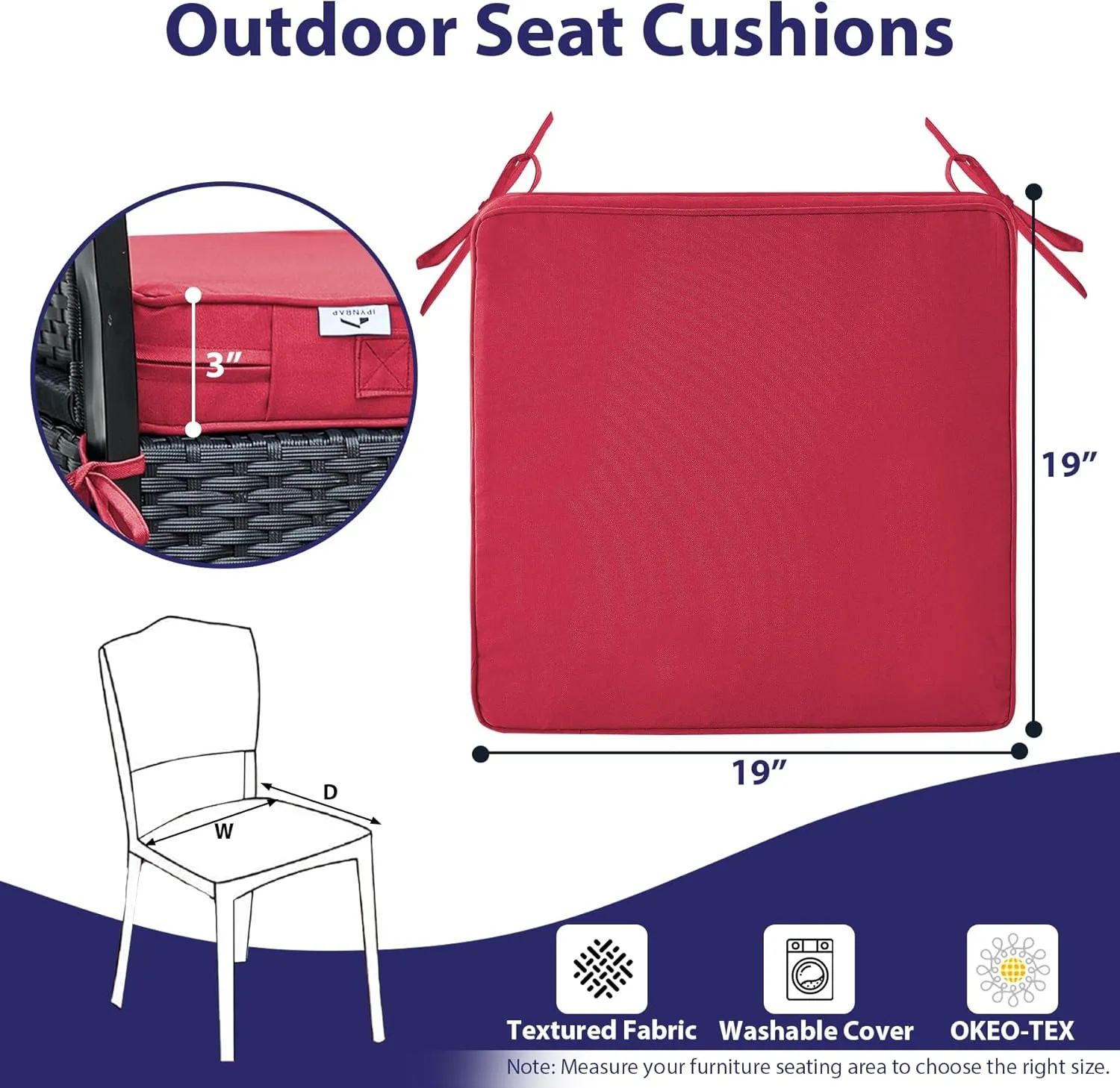 Outdoor Chair Cushions Set of 4,Waterproof Outdoor Seat Cushions for Patio Furniture,Patio Chair Cushion with Handle and Ties, Square Out Door Chair Pads,19" x 19" x 3", Burgundy
