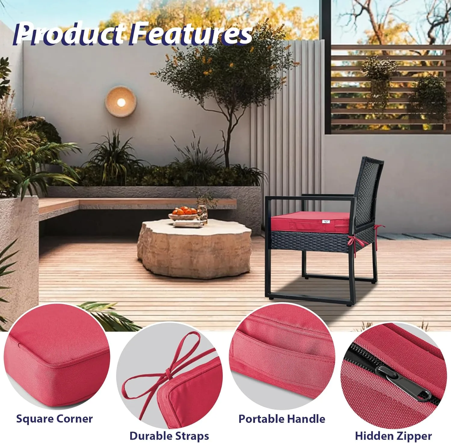 Outdoor Chair Cushions Set of 4,Waterproof Outdoor Seat Cushions for Patio Furniture,Patio Chair Cushion with Handle and Ties, Square Out Door Chair Pads,19" x 19" x 3", Burgundy