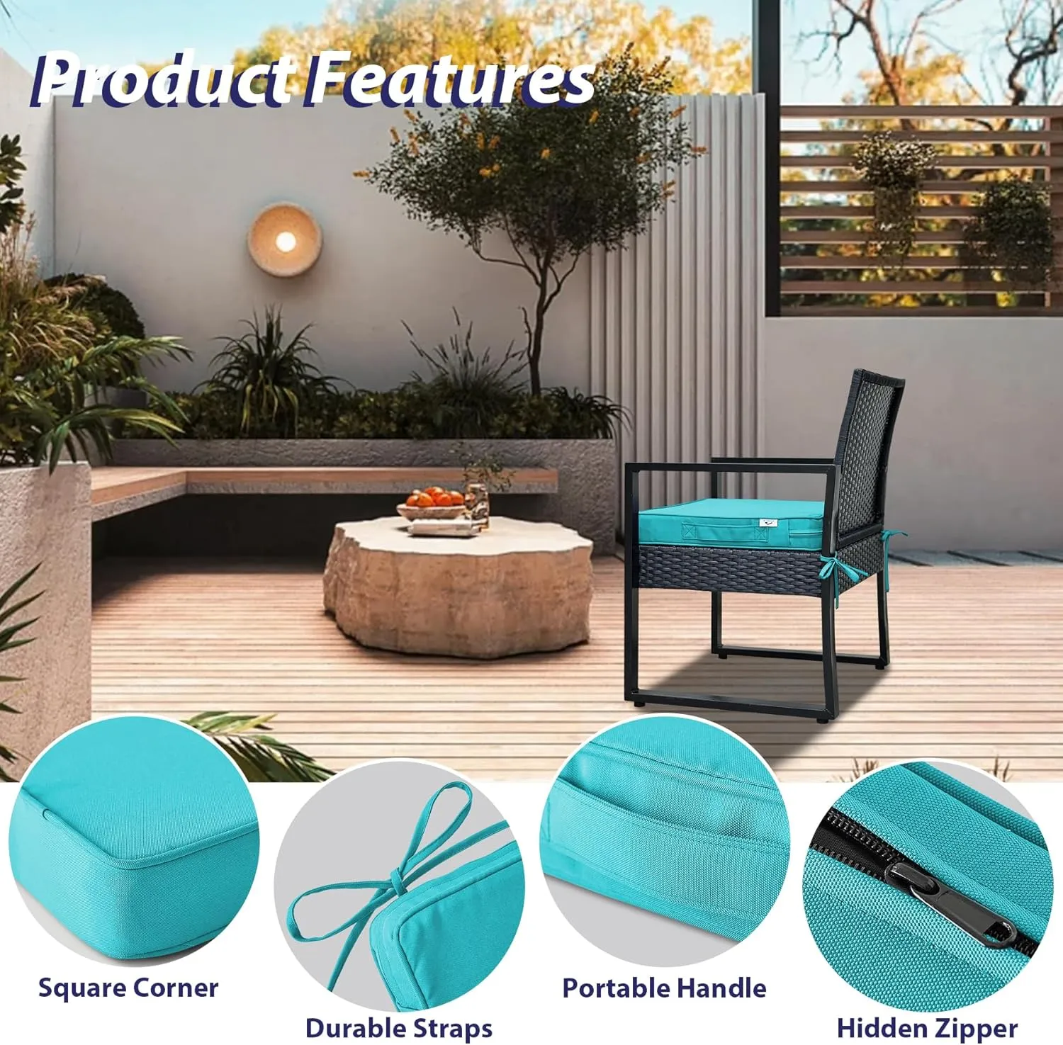 Outdoor Chair Cushions Set of 4,Waterproof Outdoor Seat Cushions for Patio Furniture,Patio Chair Cushion with Handle and Ties, Square Out Door Chair Pads,19" x 19" x 3", Teal