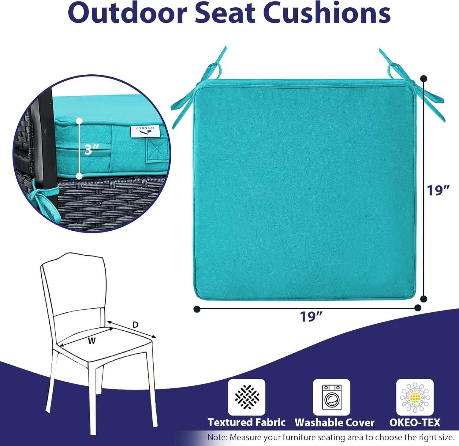 Outdoor Chair Cushions Set of 4,Waterproof Outdoor Seat Cushions for Patio Furniture,Patio Chair Cushion with Handle and Ties, Square Out Door Chair Pads,19" x 19" x 3", Teal
