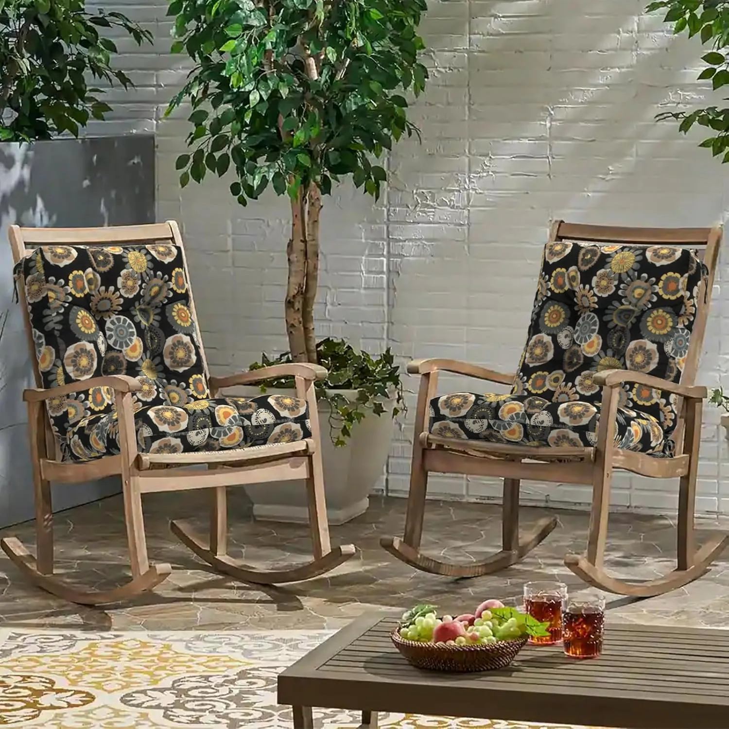 Outdoor Chair Cushions, Tufted Back Patio Furniture Cushions Set of 2, Water Repellent Wicker High Back Chair Cushion for Home Garden Lounge Chairs, 42x21x4 Inch, Black Yellow Crosby