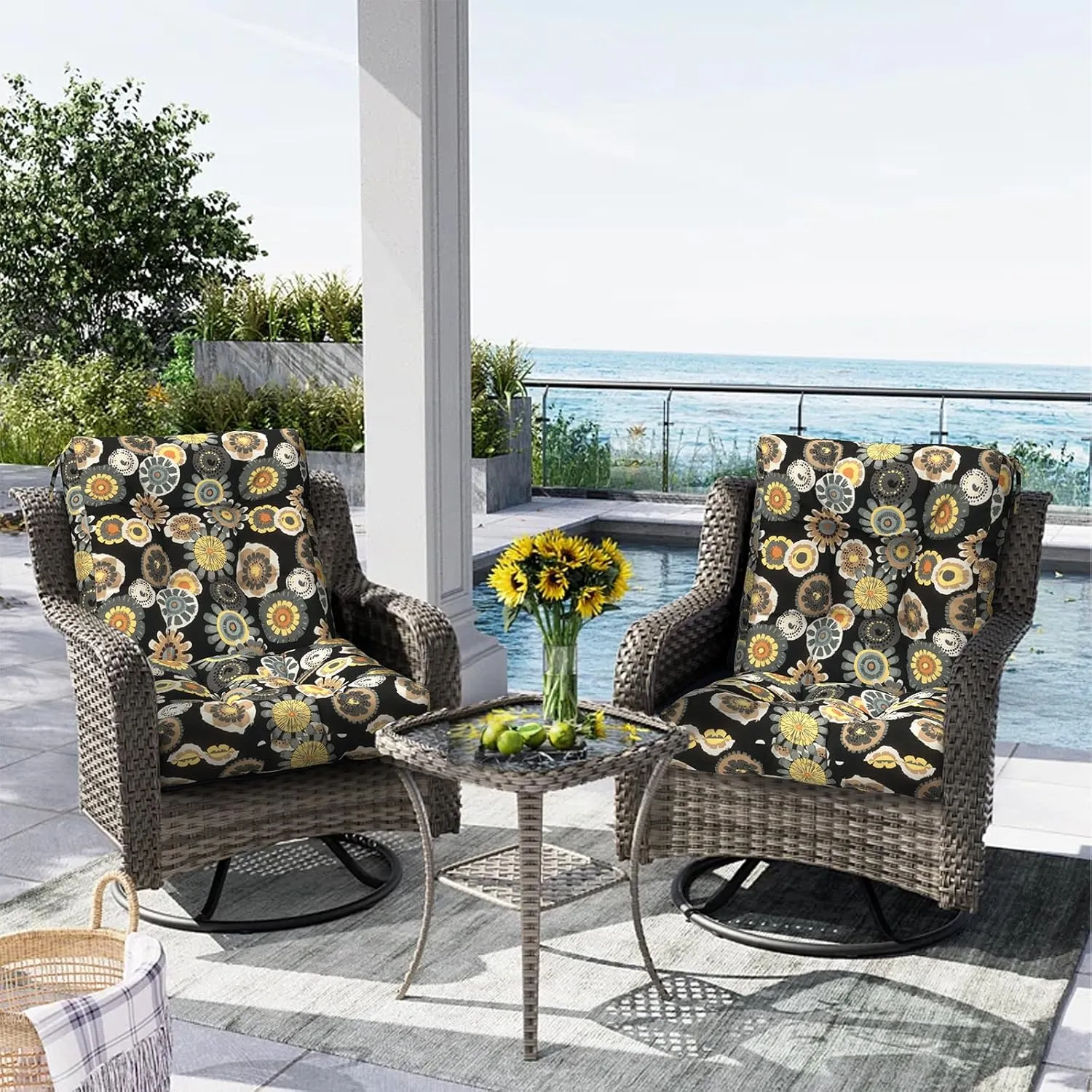 Outdoor Chair Cushions, Tufted Back Patio Furniture Cushions Set of 2, Water Repellent Wicker High Back Chair Cushion for Home Garden Lounge Chairs, 42x21x4 Inch, Black Yellow Crosby